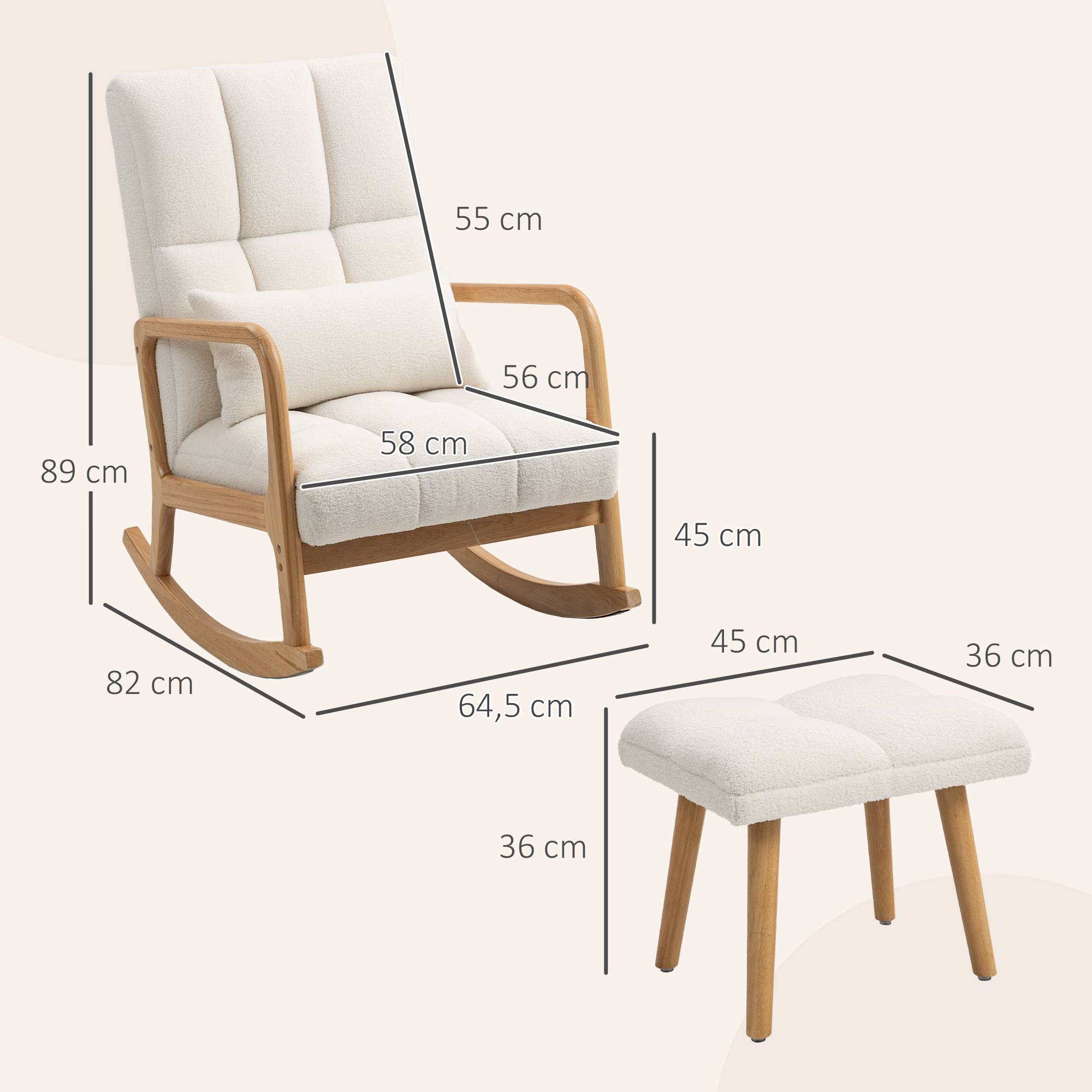 Fauteuil à bascule avec repose-pieds, rocking chair en tissu bouclette, pieds en bois, 64,5 x 82 x 89 cm, blanc - Image 5