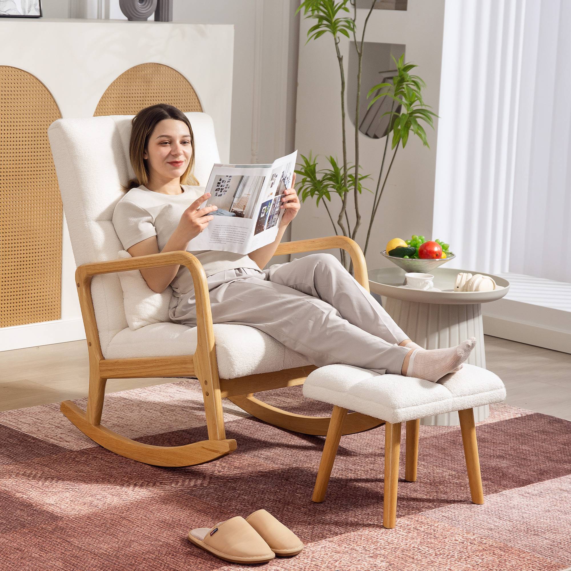 Fauteuil à bascule avec repose-pieds, rocking chair en tissu bouclette, pieds en bois, 64,5 x 82 x 89 cm, blanc - Image 3