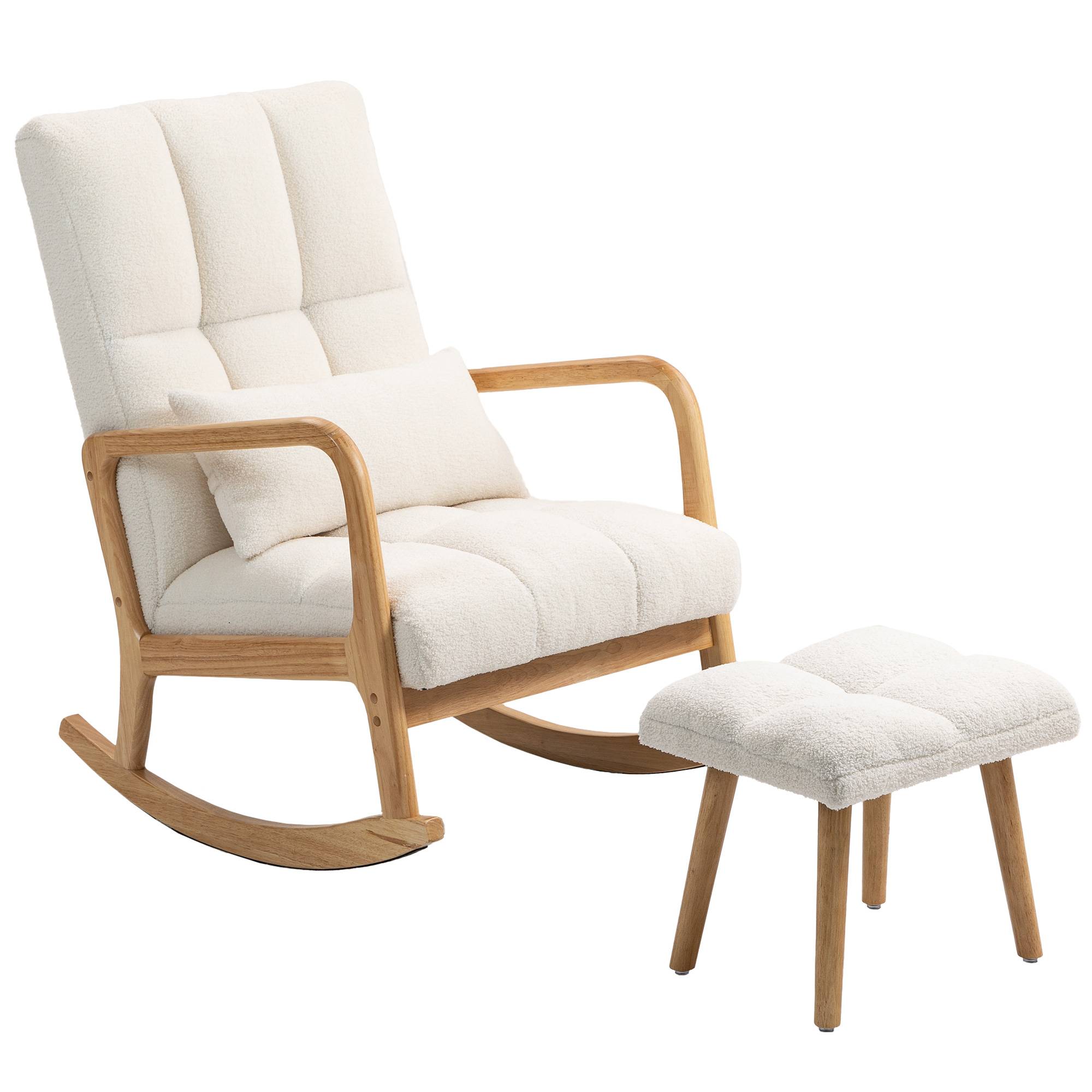 Fauteuil à bascule avec repose-pieds, rocking chair en tissu bouclette, pieds en bois, 64,5 x 82 x 89 cm, blanc - Image 2