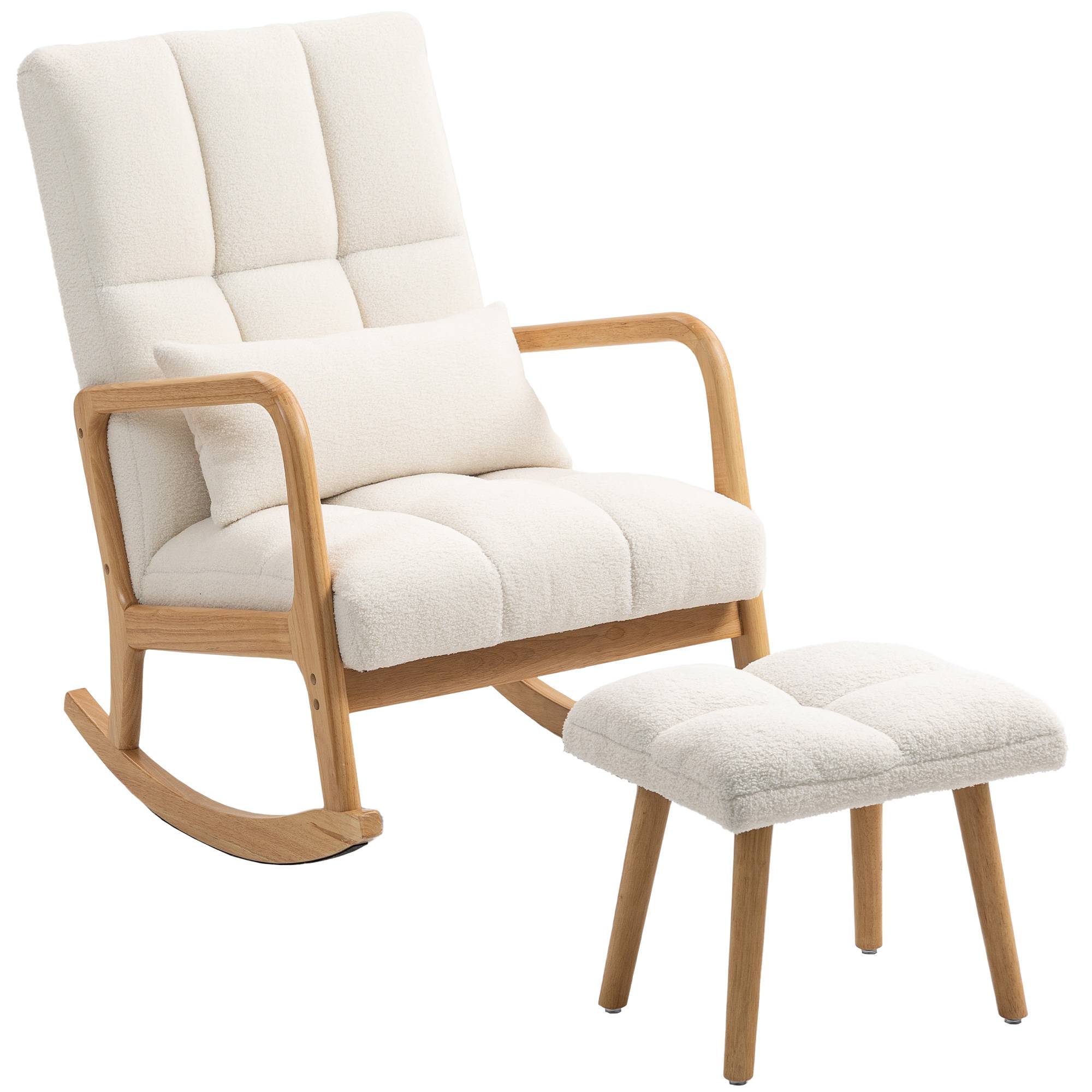 Fauteuil à bascule avec repose-pieds, rocking chair en tissu bouclette, pieds en bois, 64,5 x 82 x 89 cm, blanc