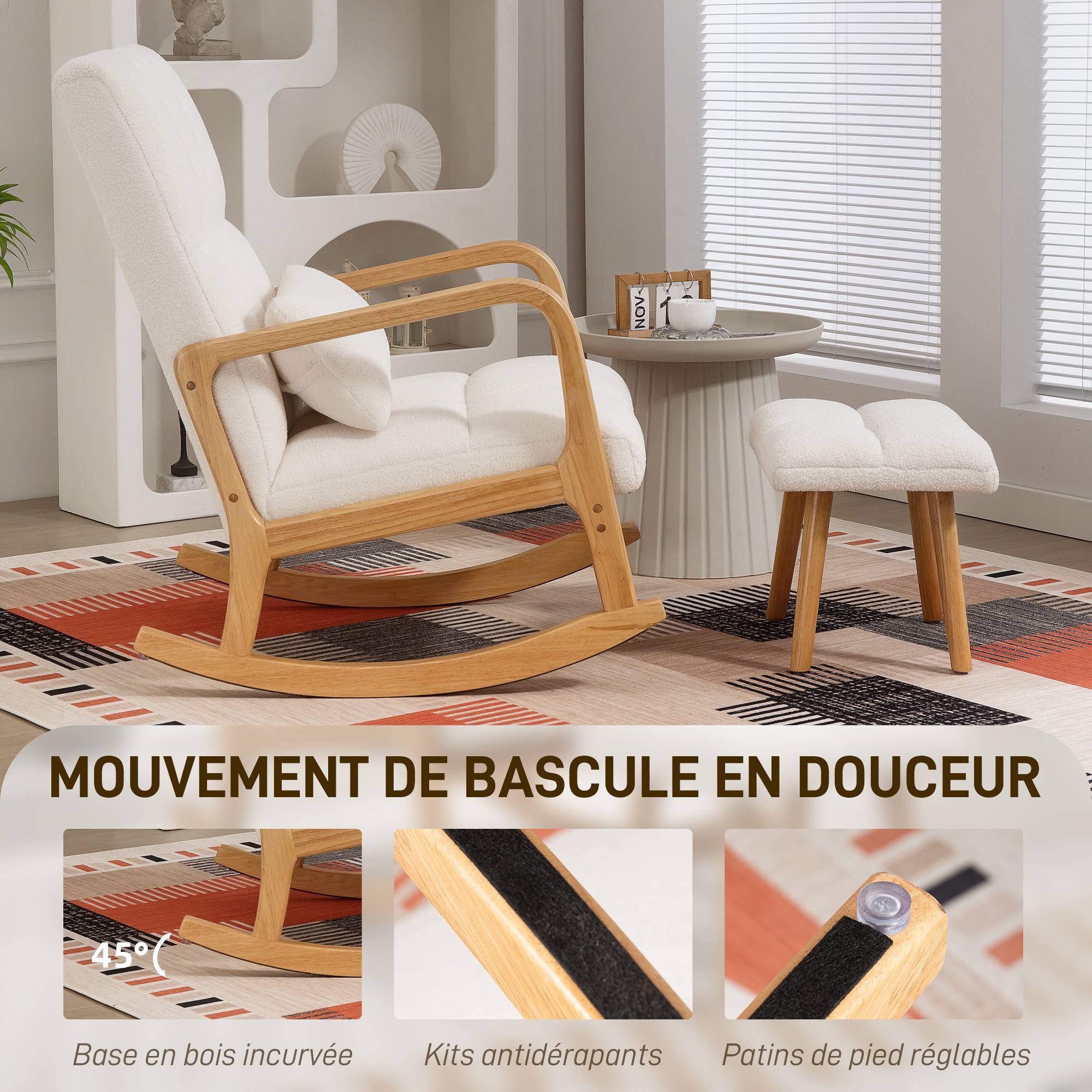 Fauteuil à bascule avec repose-pieds, rocking chair en tissu bouclette, pieds en bois, 64,5 x 82 x 89 cm, blanc - Image 6