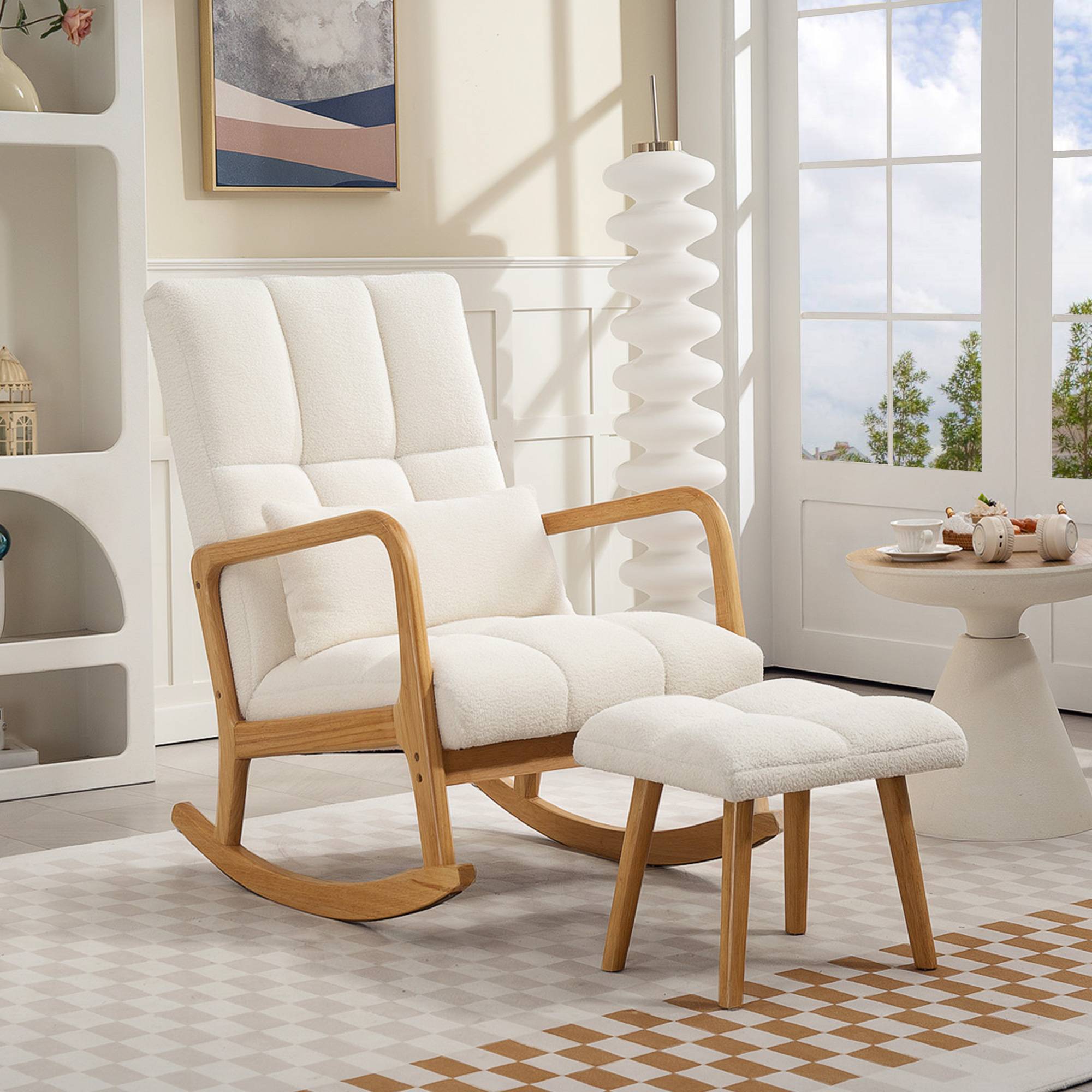 Fauteuil à bascule avec repose-pieds, rocking chair en tissu bouclette, pieds en bois, 64,5 x 82 x 89 cm, blanc - Image 4