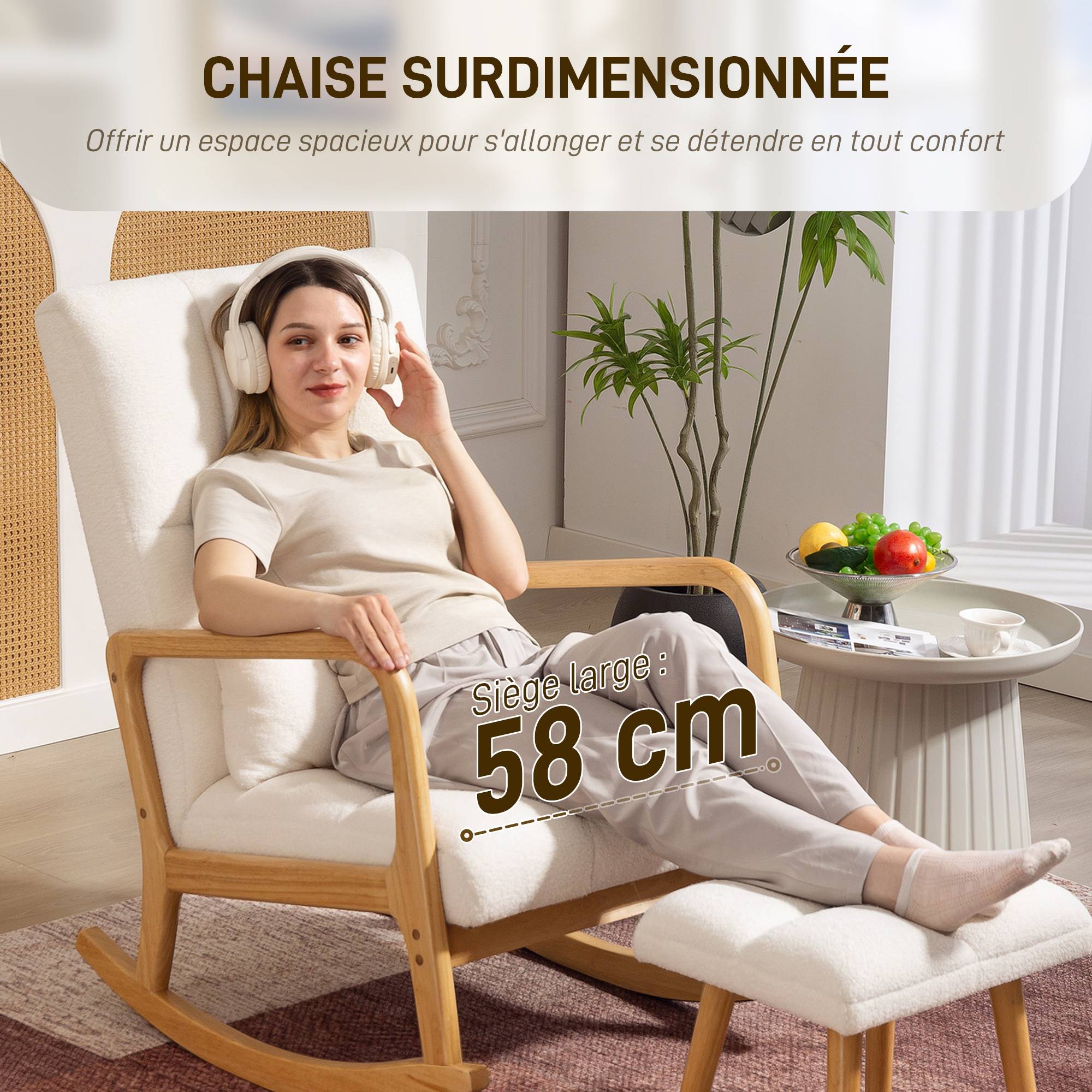 Fauteuil à bascule avec repose-pieds, rocking chair en tissu bouclette, pieds en bois, 64,5 x 82 x 89 cm, blanc - Image 9