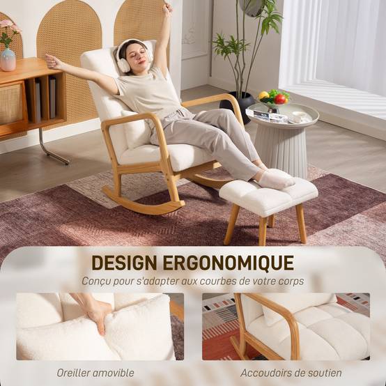 Fauteuil à bascule avec repose-pieds, rocking chair en tissu bouclette, pieds en bois, 64,5 x 82 x 89 cm, blanc - Image 8