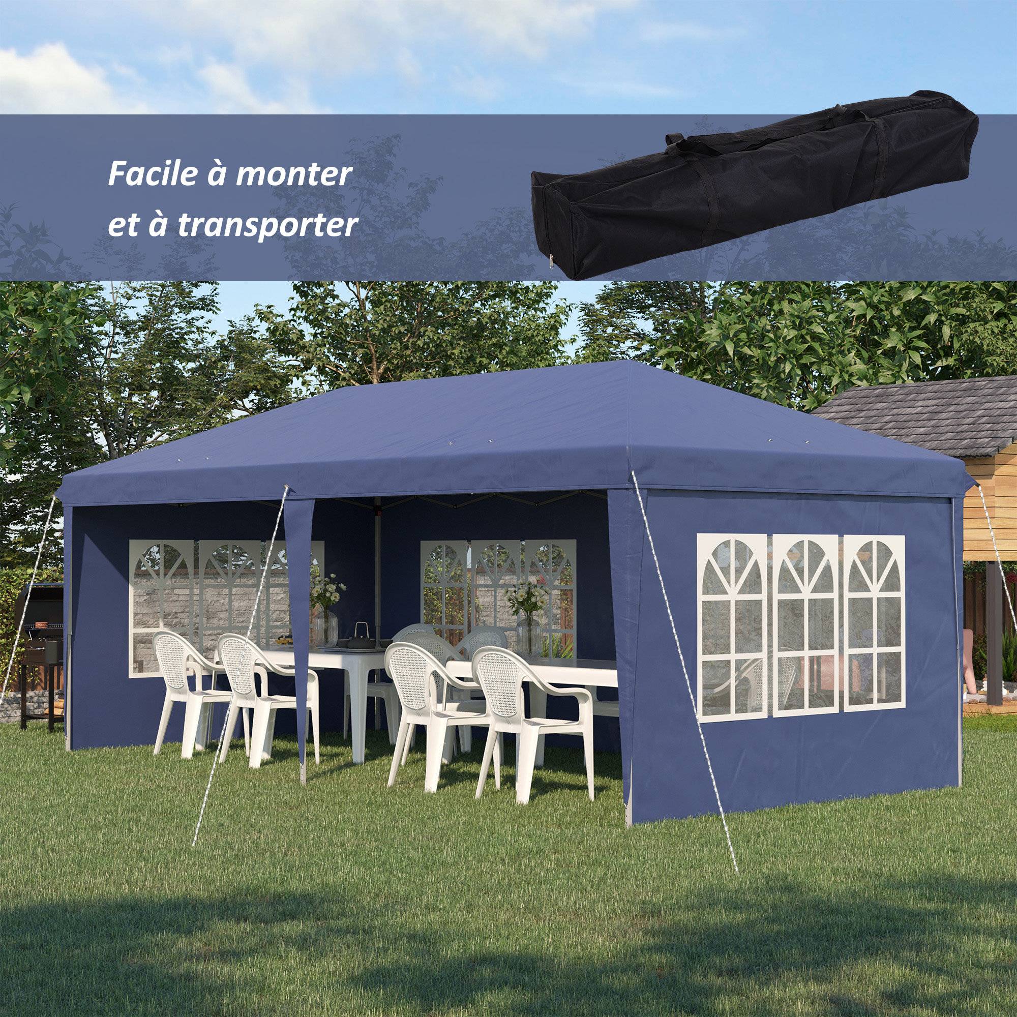 Outsunny - Tonnelle pliante pop-up 3x6m avec 3 côtés démontables, piquets d'ancrage et sac de transport bleu -Outsunny - Image 4