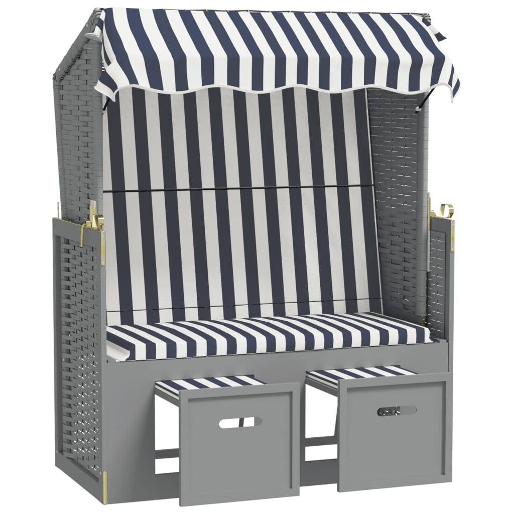 Helloshop26 - Strandkorb avec auvent résine tressée et bois solide bleu blanc - Imagen 3