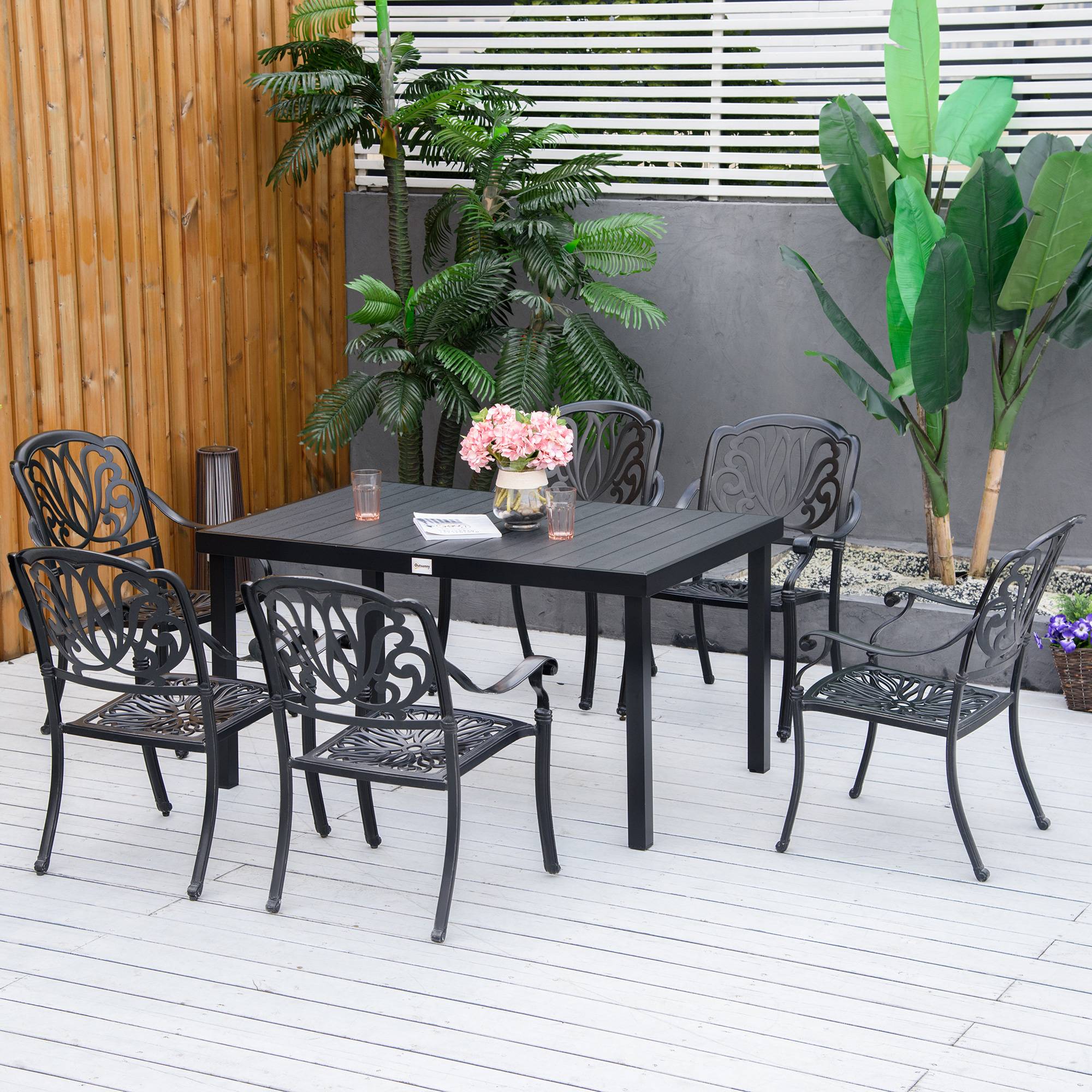 Table à manger jardin aluminium composite extérieur pour 6 personnes 140x90cm noir - ComfortXL Outdoor Living - Image 9
