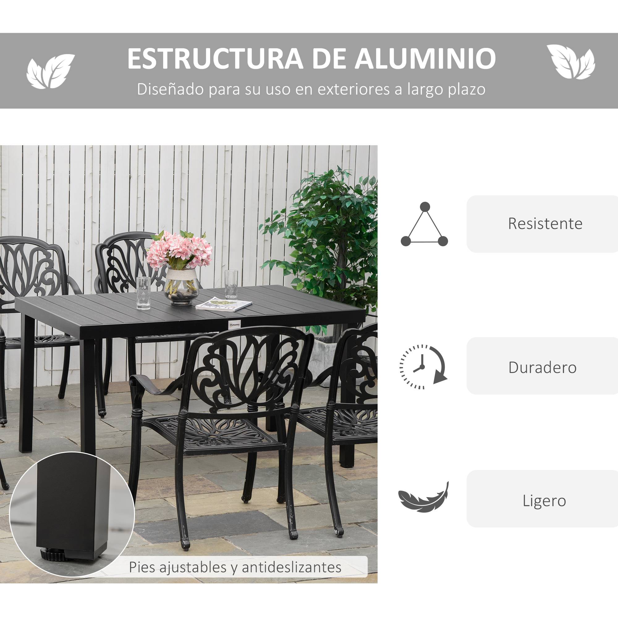 Table à manger jardin aluminium composite extérieur pour 6 personnes 140x90cm noir - ComfortXL Outdoor Living - Image 6