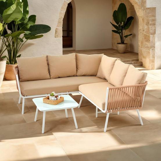 Salon de jardin JAKARTA avec 1 table et 1 canapé - Blanc et beige - Image 2