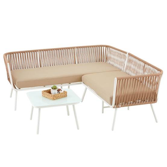 Salon de jardin JAKARTA avec 1 table et 1 canapé - Blanc et beige - Image 3