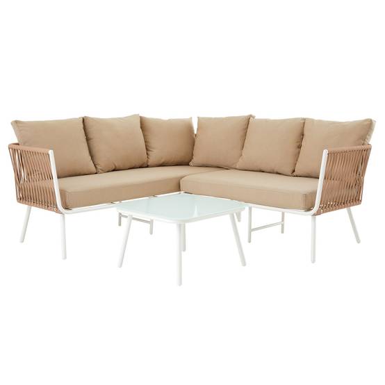 Salon de jardin JAKARTA avec 1 table et 1 canapé - Blanc et beige - Image 1