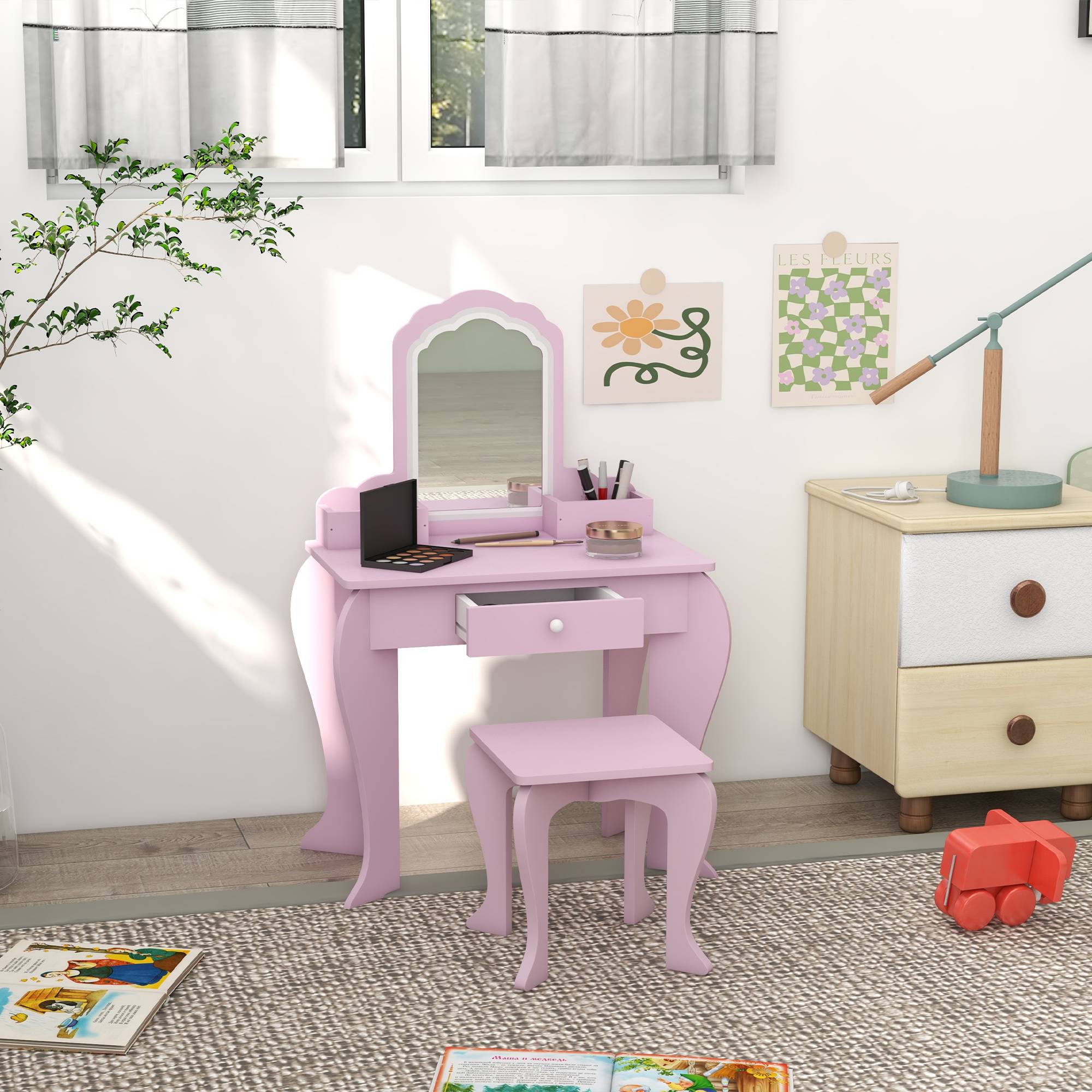 Sans Marque - Coiffeuse pour enfants (filles et garçons dès 3 ans) avec tabouret, miroir, tiroir et boîtes de rangement, forme nuage, rose - Image 4