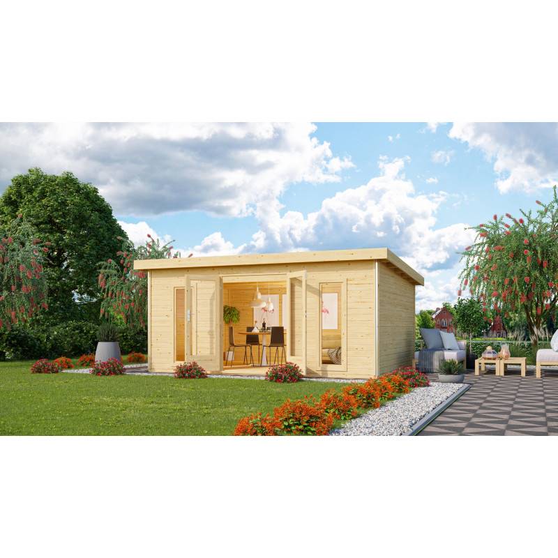Abri de jardin bois épicéa 18,08m² toit plat 40mm Radeburg 4 Karibu marron avec embase autoclave