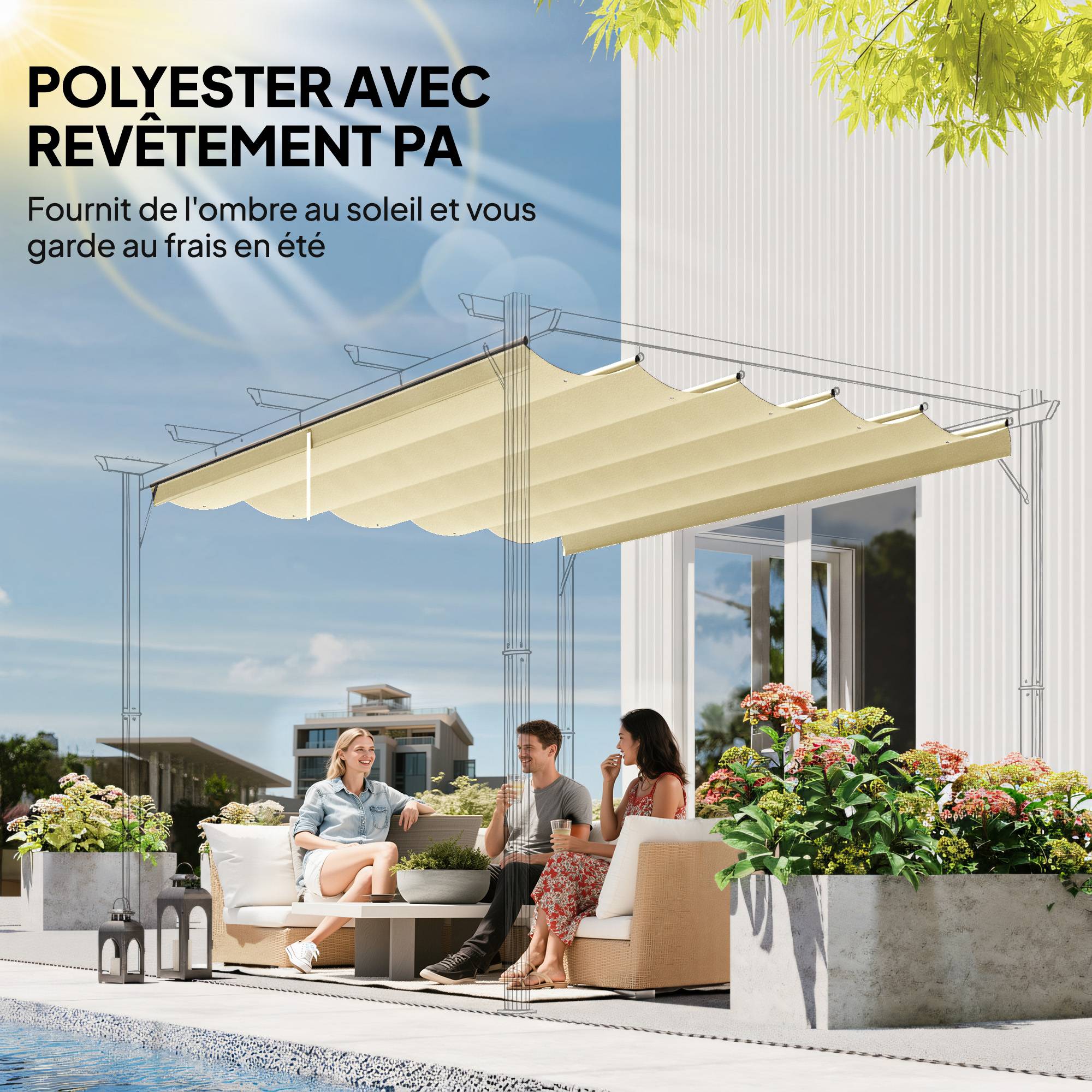 Toile pour pergola rétractable polyester crème 255 x 250 x 6 cm - PANGIVO - Image 7