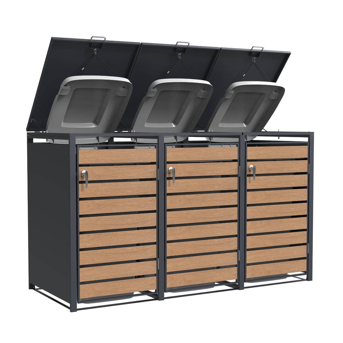 Trigano Jardin - Abri cache-poubelle triple 3 x 240 L anthracite imitation bois acier design - Image 1