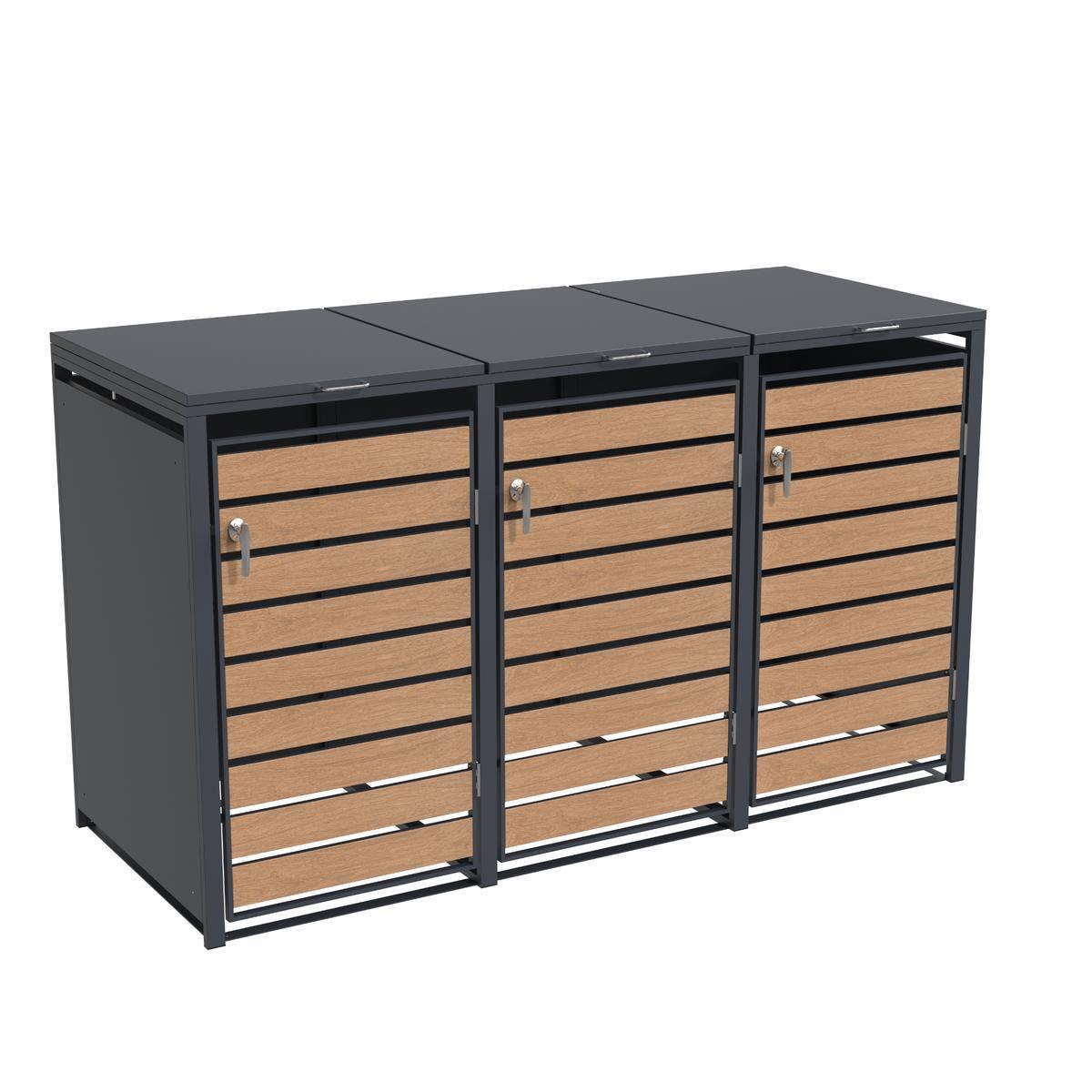 Trigano Jardin - Abri cache-poubelle triple 3 x 240 L anthracite imitation bois acier design - Image 4