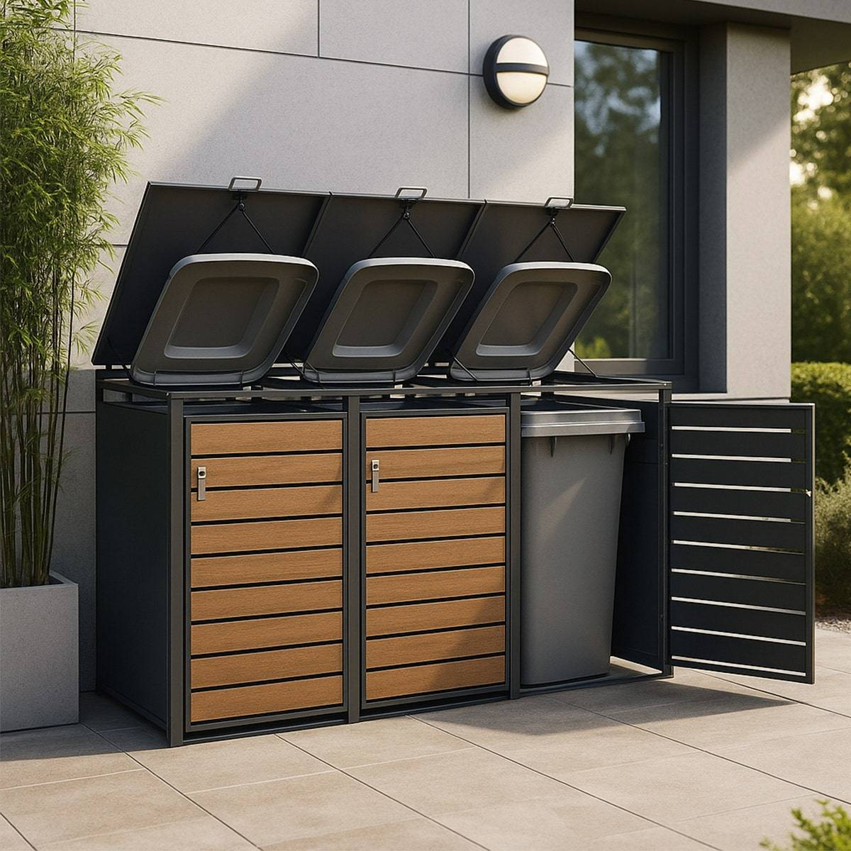 Trigano Jardin - Abri cache-poubelle triple 3 x 240 L anthracite imitation bois acier design - Image 2