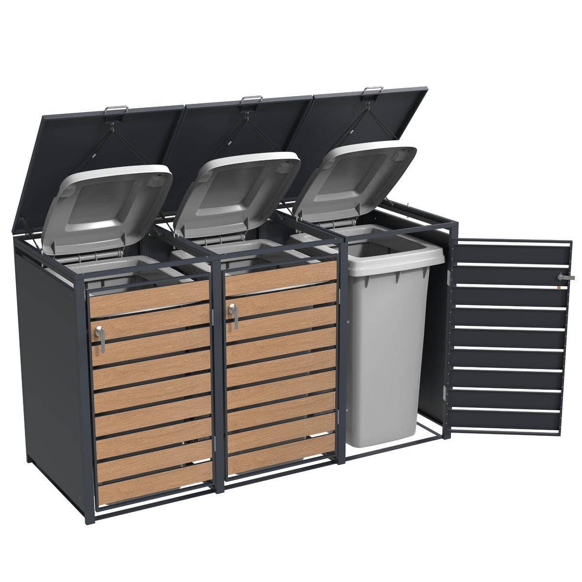Trigano Jardin - Abri cache-poubelle triple 3 x 240 L anthracite imitation bois acier design - Image 8
