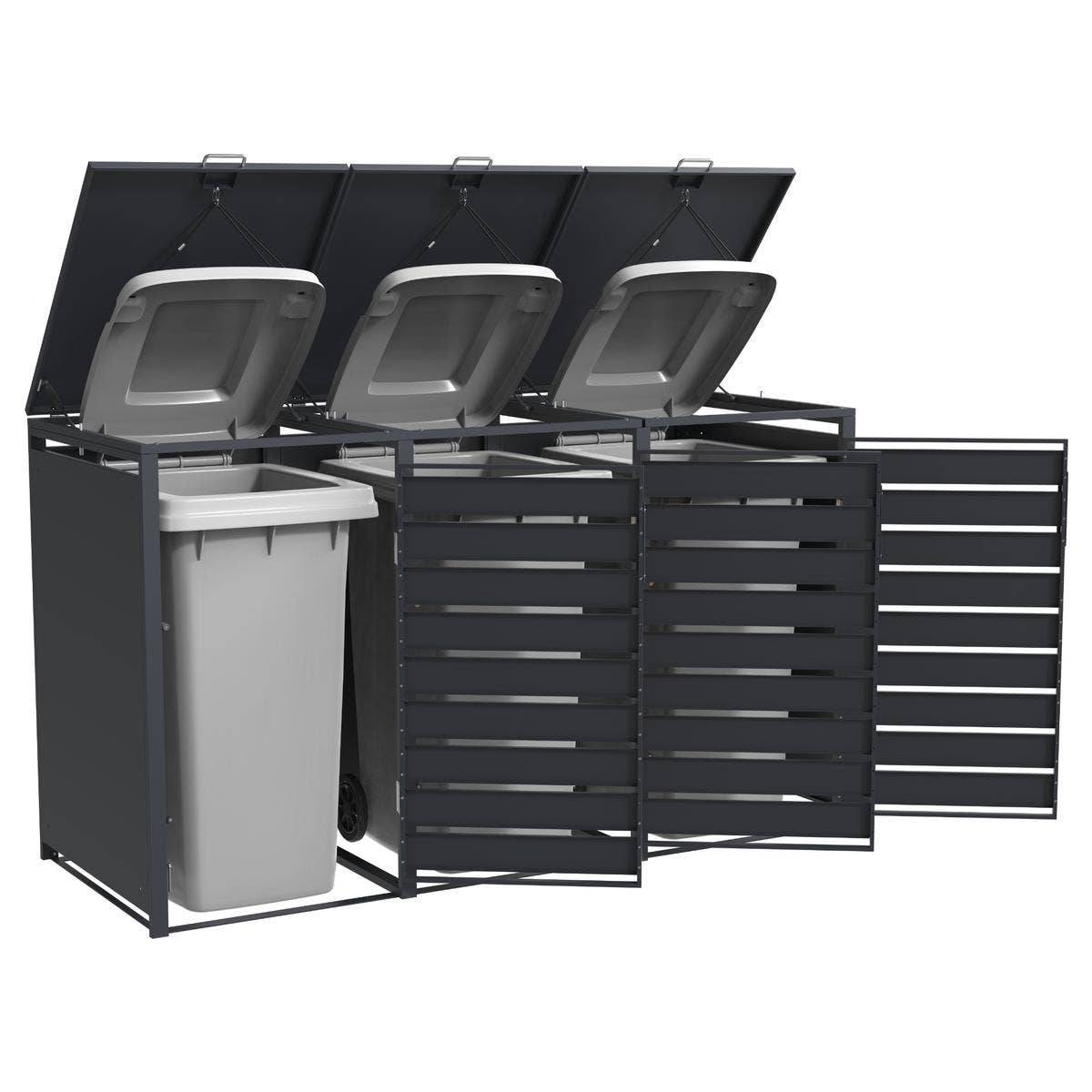 Trigano Jardin - Abri cache-poubelle triple 3 x 240 L anthracite imitation bois acier design - Image 5
