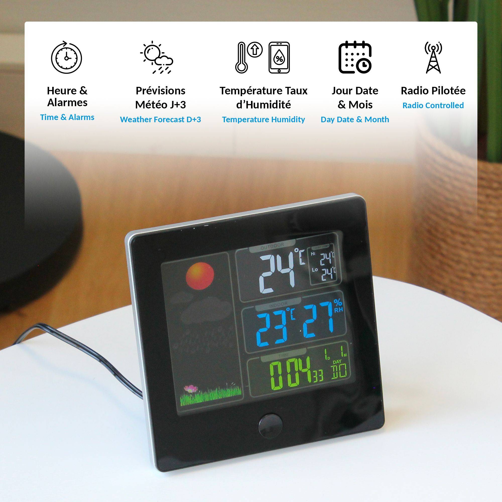 Station météo radio pilotée écran LCD couleur - Température extérieure capteur - Image 3