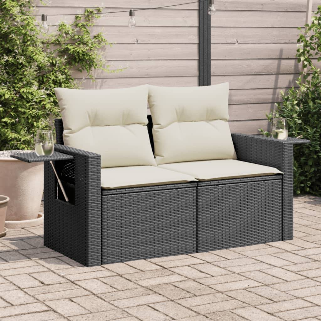 Canapé Extérieur 2 Places Résine Tressée Noire avec Tablette Latérale Rabattable Intégrée – ComfortXL Outdoor Living - Image 1