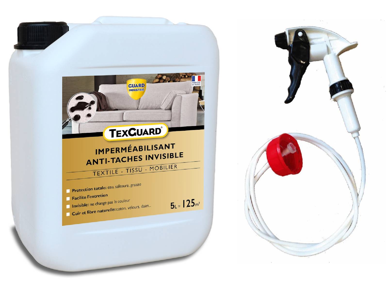 Protection anti taches tissus ou cuir TEXGUARD 5L (+ pulvérisateur offert) jusqu'à 100m² - Image 1