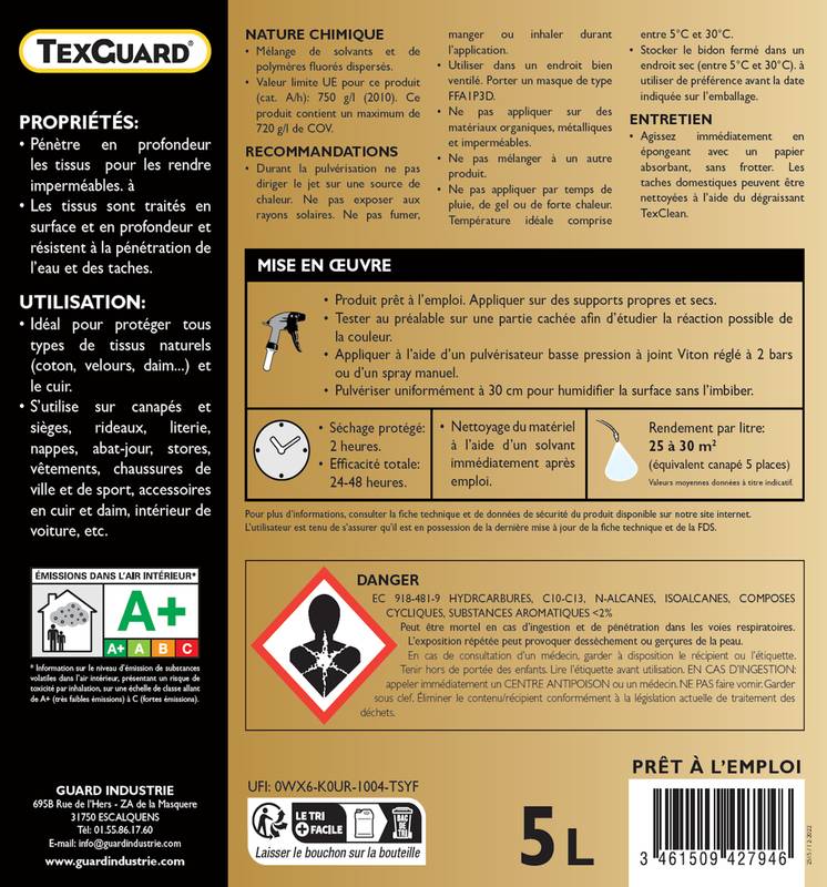 Protection anti taches tissus ou cuir TEXGUARD 5L (+ pulvérisateur offert) jusqu'à 100m² - Image 3
