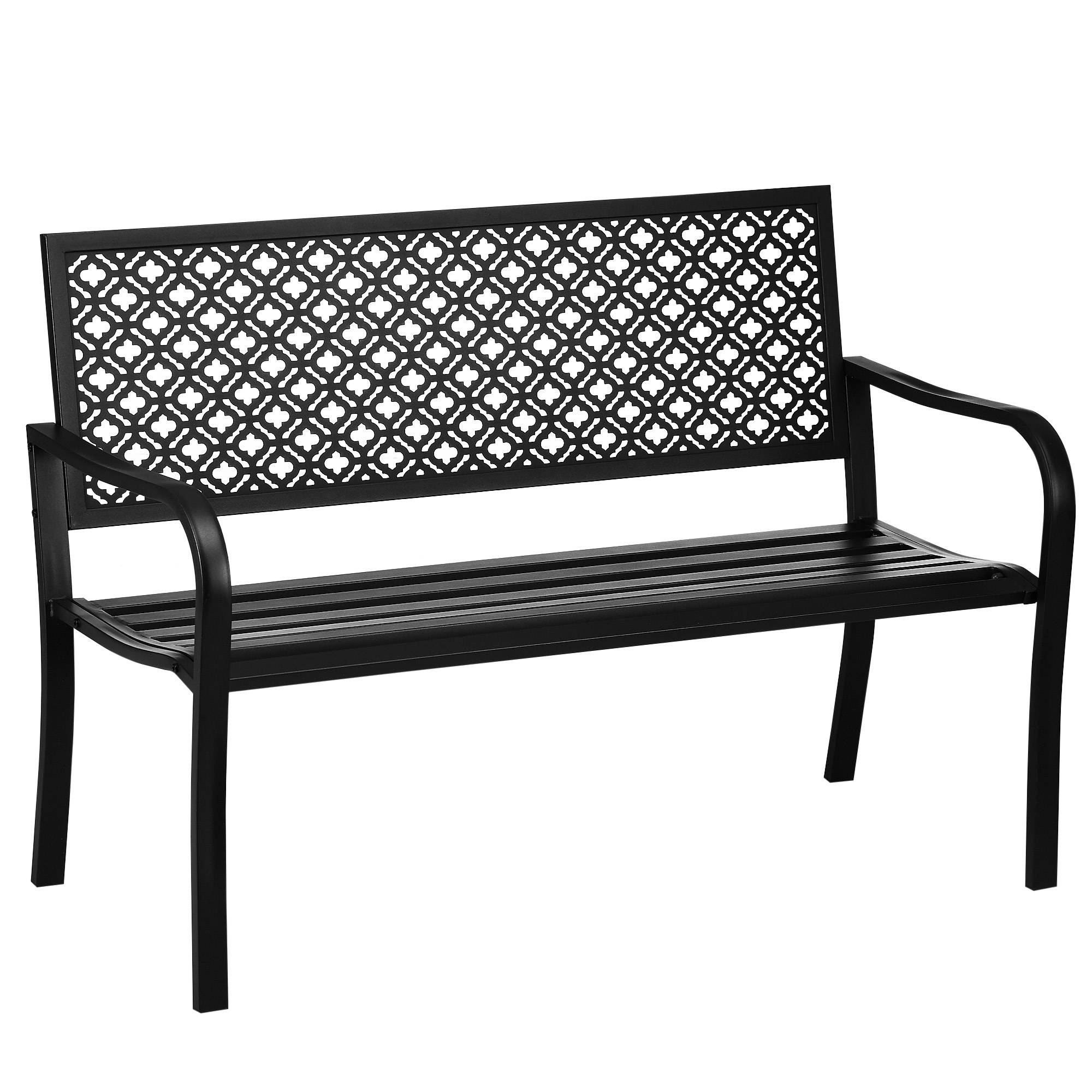 Banc de jardin en métal, 2 places, motif floral, résistant aux intempéries, 127 x 63 x 83 cm, noir - Image 1