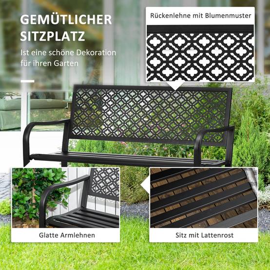 Banc de jardin en métal, 2 places, motif floral, résistant aux intempéries, 127 x 63 x 83 cm, noir - Image 6