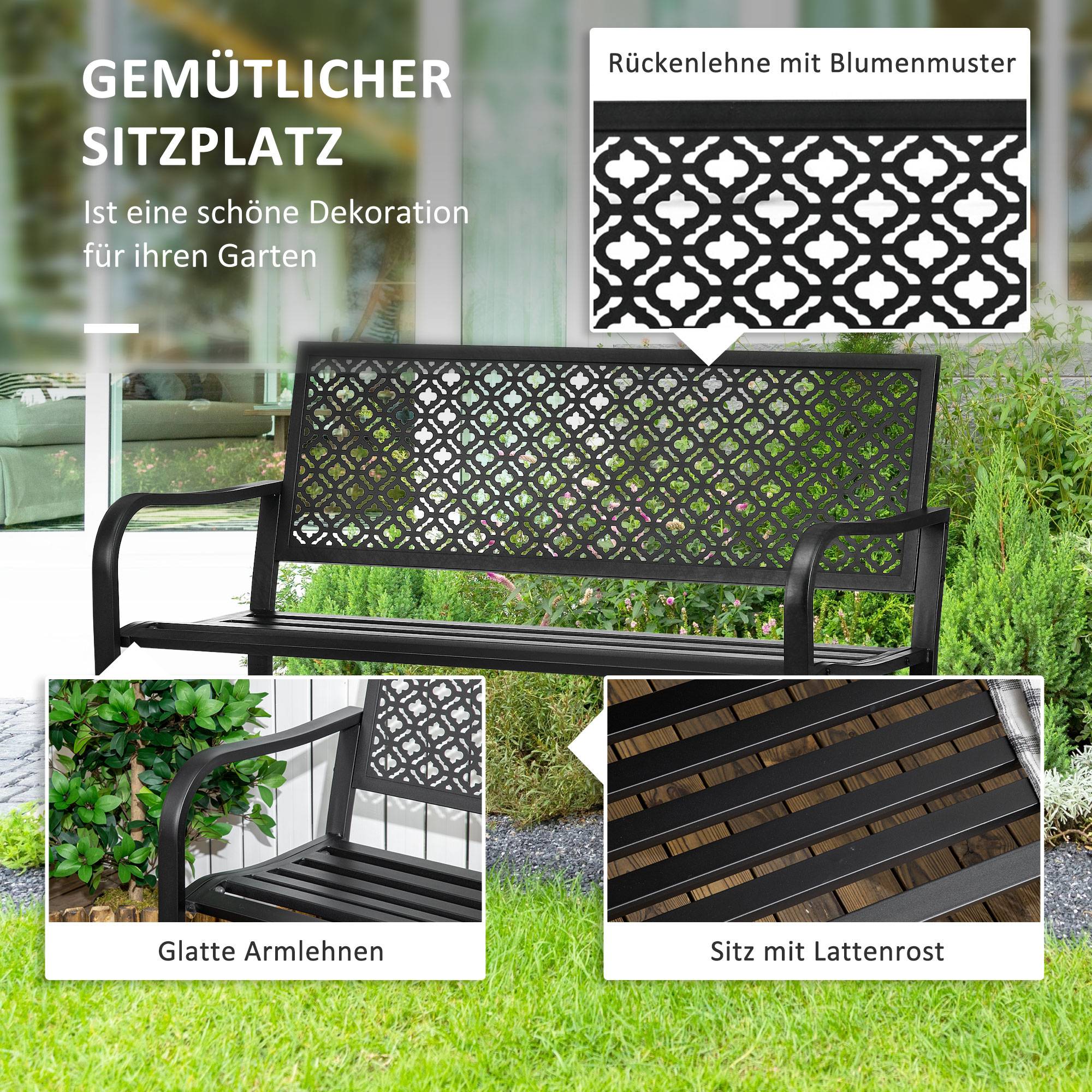Banc de jardin en métal, 2 places, motif floral, résistant aux intempéries, 127 x 63 x 83 cm, noir - Image 6