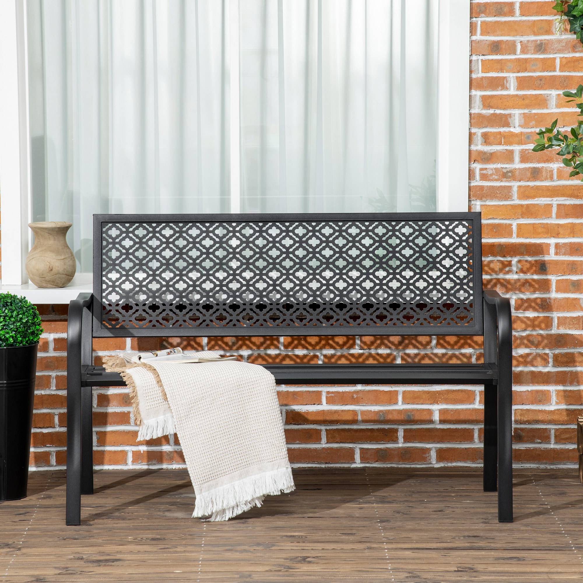 Banc de jardin en métal, 2 places, motif floral, résistant aux intempéries, 127 x 63 x 83 cm, noir - Image 8