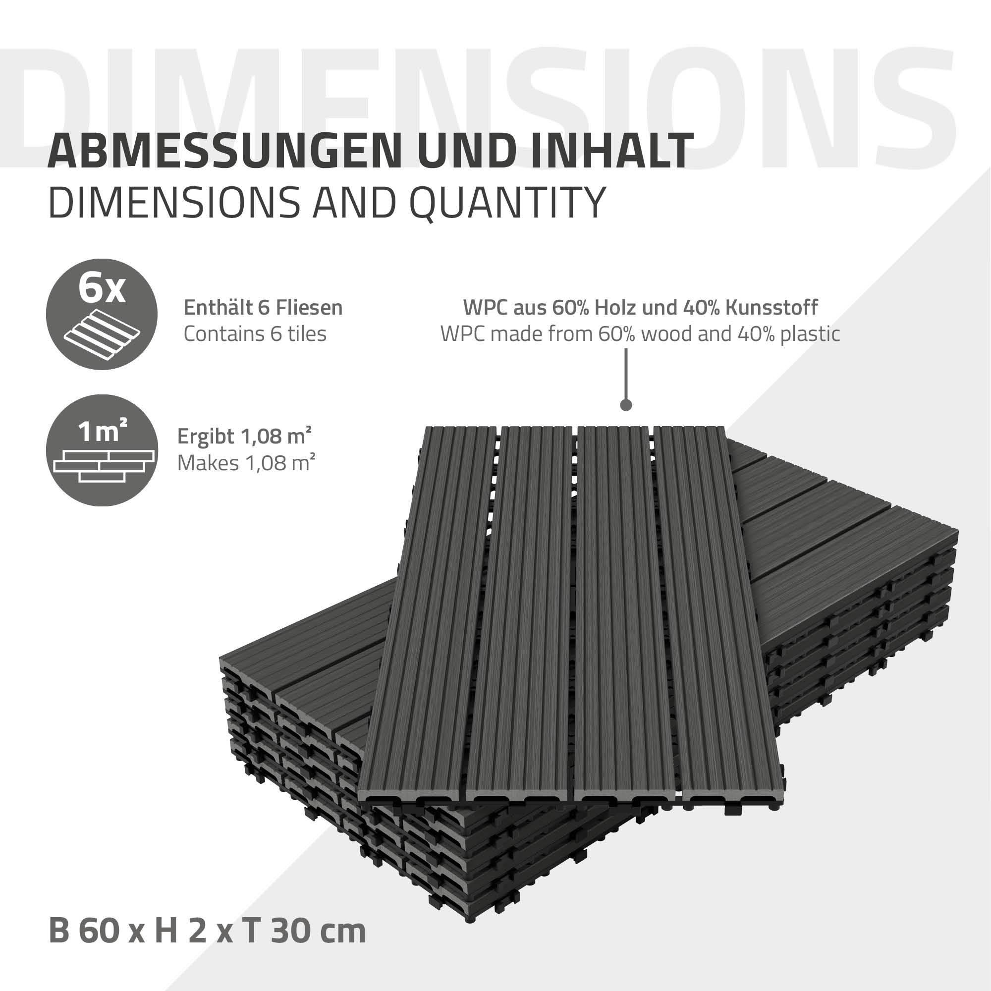 Ecd-Germany - Carrelage terrasse dalles 60x30 cm 3 m² aspect bois anthracite - Imagen 6