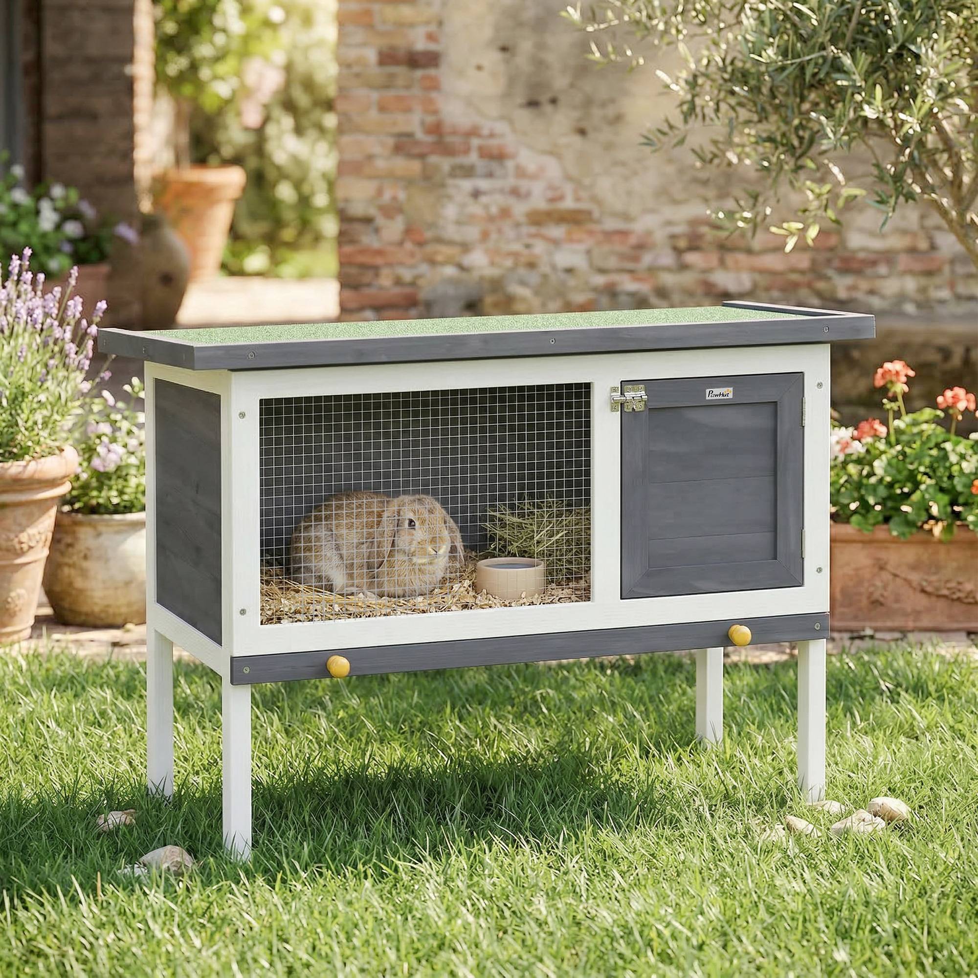 Clapier Lapin Extérieur en Bois, avec Toit Ouvrable en Asphalt et Plateau Coulissant, Design Surélevé, 90x45x65cm, Gris - Image 3