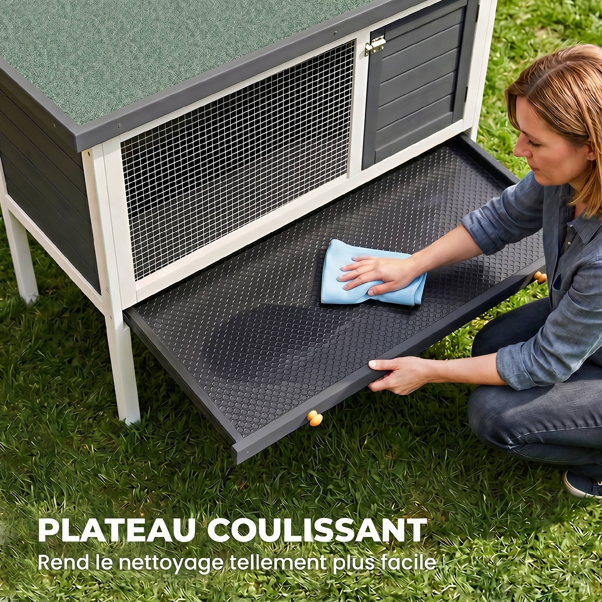 Clapier Lapin Extérieur en Bois, avec Toit Ouvrable en Asphalt et Plateau Coulissant, Design Surélevé, 90x45x65cm, Gris - Image 8