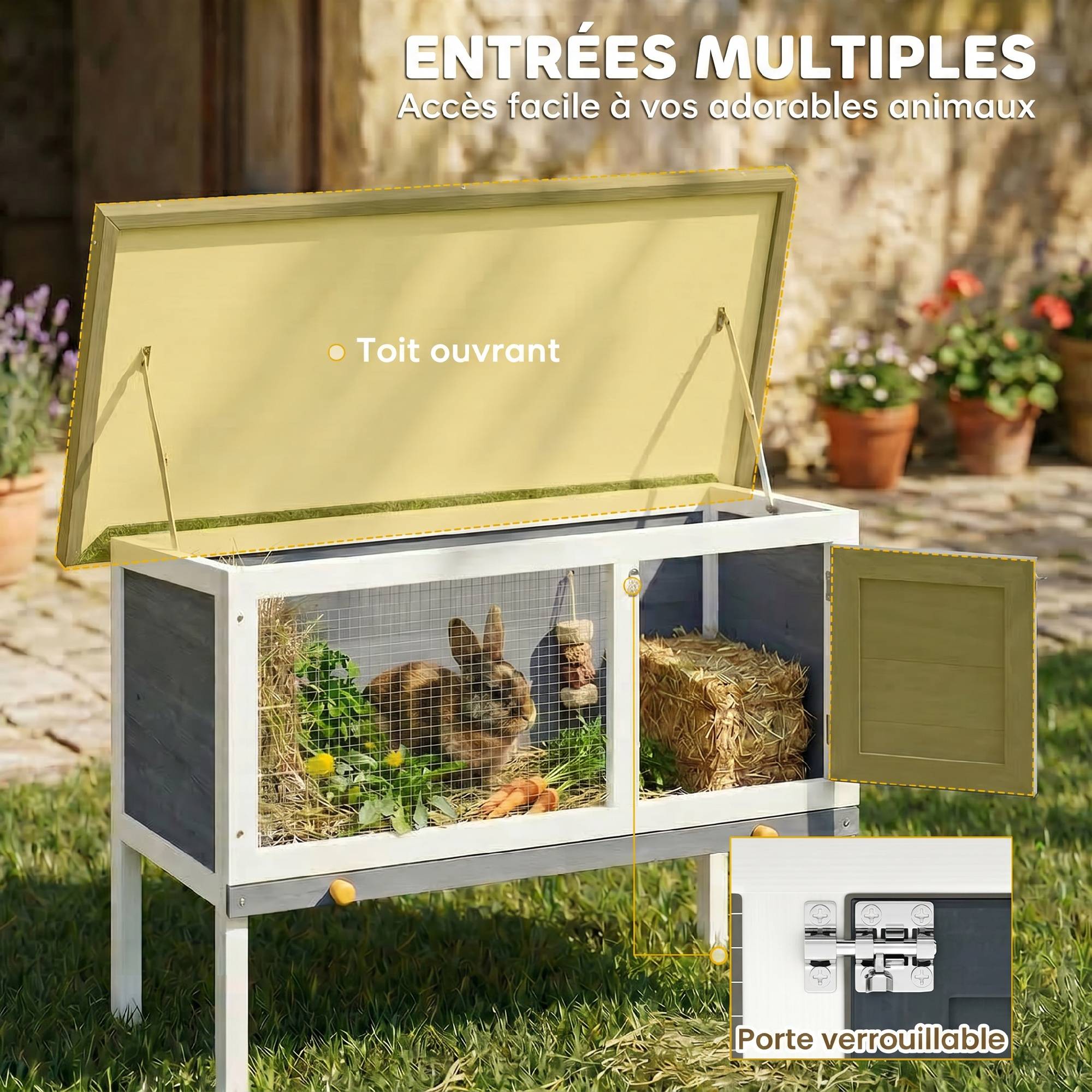 Clapier Lapin Extérieur en Bois, avec Toit Ouvrable en Asphalt et Plateau Coulissant, Design Surélevé, 90x45x65cm, Gris - Image 7
