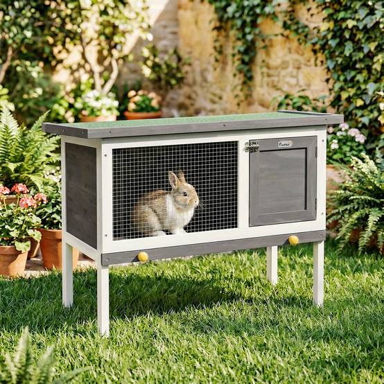 Clapier Lapin Extérieur en Bois, avec Toit Ouvrable en Asphalt et Plateau Coulissant, Design Surélevé, 90x45x65cm, Gris - Image 4