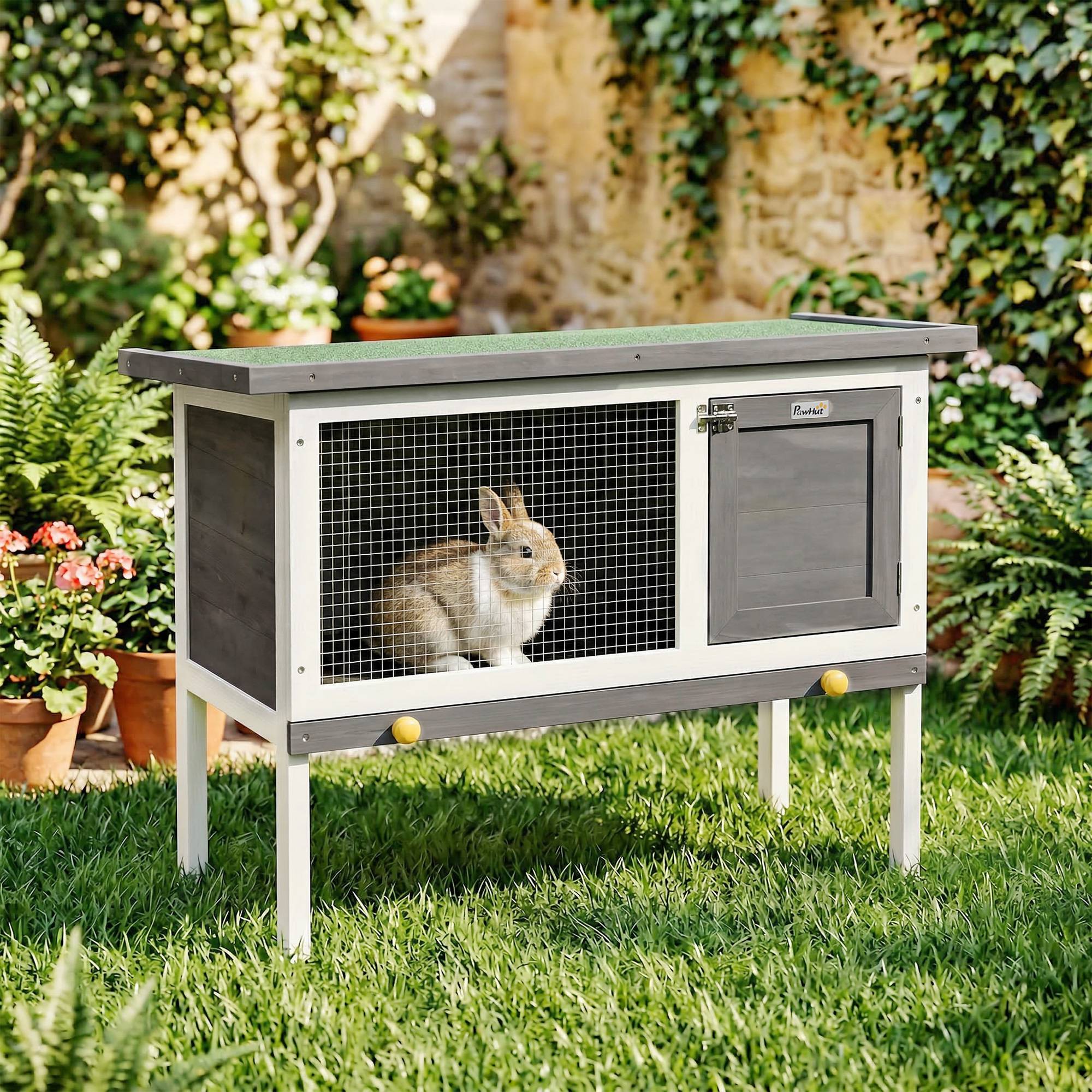 Clapier Lapin Extérieur en Bois, avec Toit Ouvrable en Asphalt et Plateau Coulissant, Design Surélevé, 90x45x65cm, Gris - Image 4