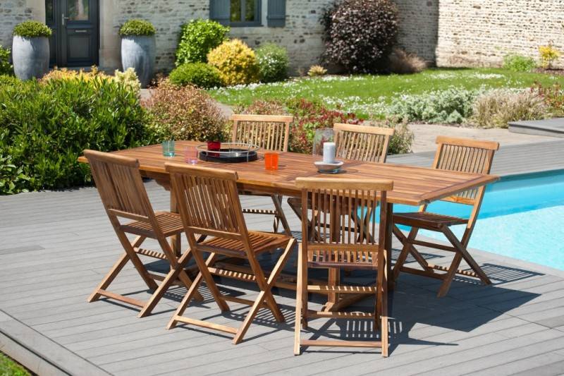 Macabane - MAEVA - Ensemble de jardin en bois teck huilé 6 pers table + 6 chaises - Imagen 2