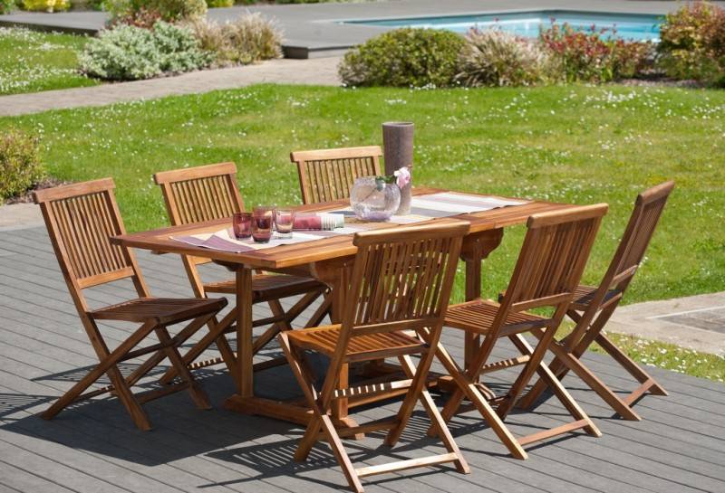Macabane - MAEVA - Ensemble de jardin en bois teck huilé 6 pers table + 6 chaises - Imagen 4