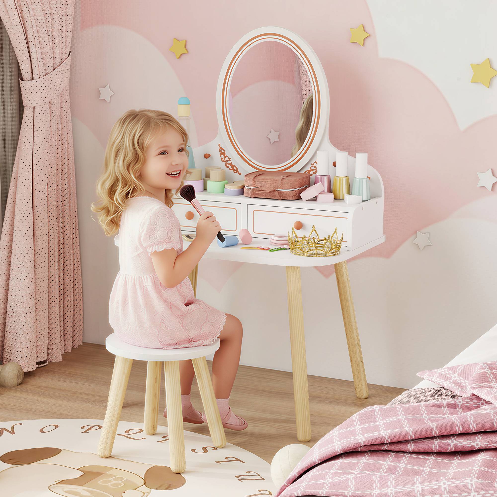 Sans Marque - Coiffeuse pour fille, avec tabouret, miroir, 2 tiroirs et penderie, 3 à 8 ans, blanche - Image 3