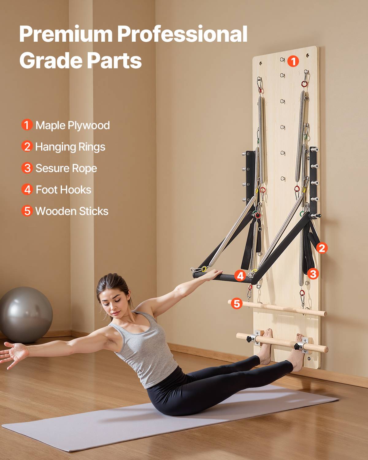 Vevor - Reformer Pilates mural en érable, planche à ressorts réglables 8 niveaux, équipement compact pour entraînement, yoga, force et équilibre à domicile. - Image 7
