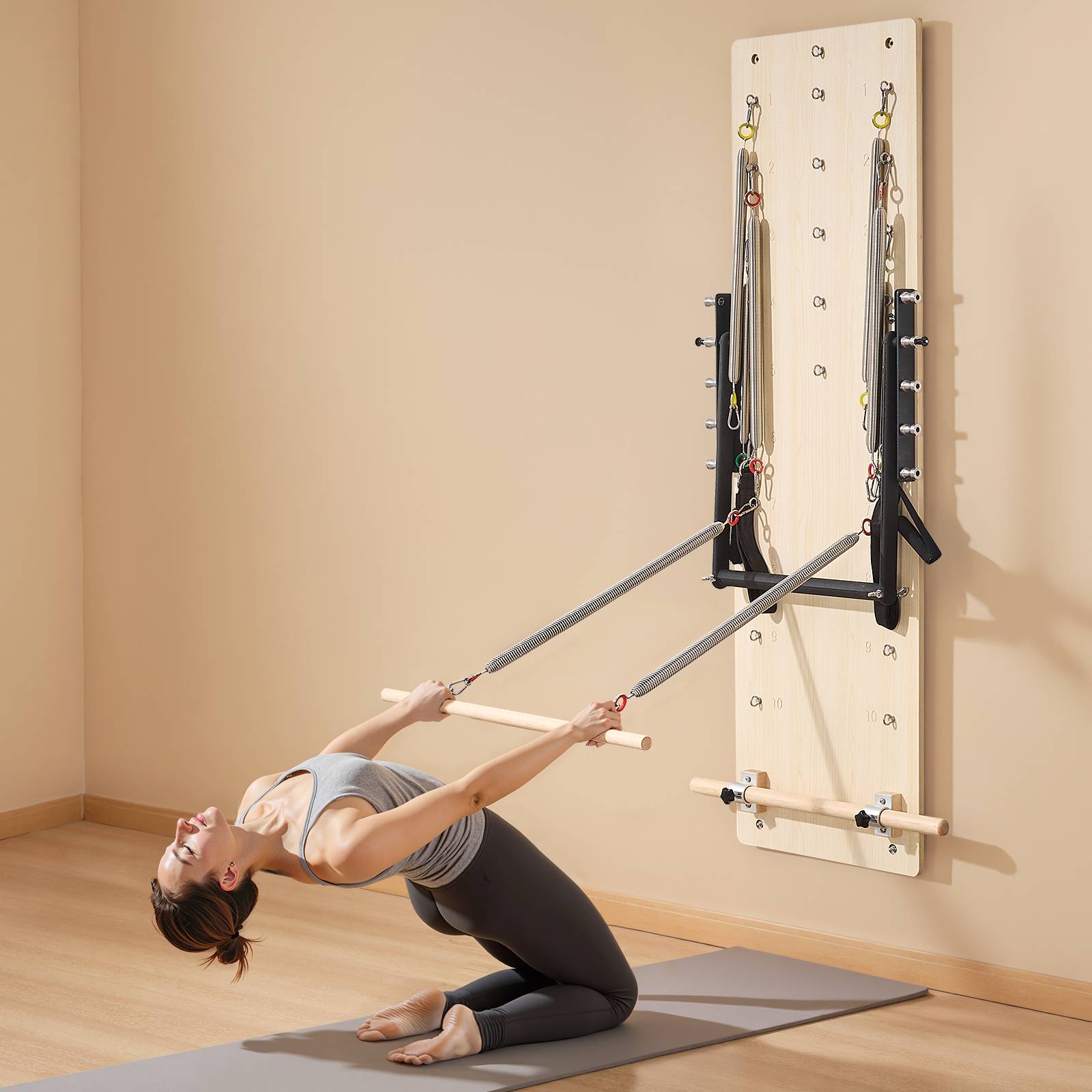 Vevor - Reformer Pilates mural en érable, planche à ressorts réglables 8 niveaux, équipement compact pour entraînement, yoga, force et équilibre à domicile. - Image 8