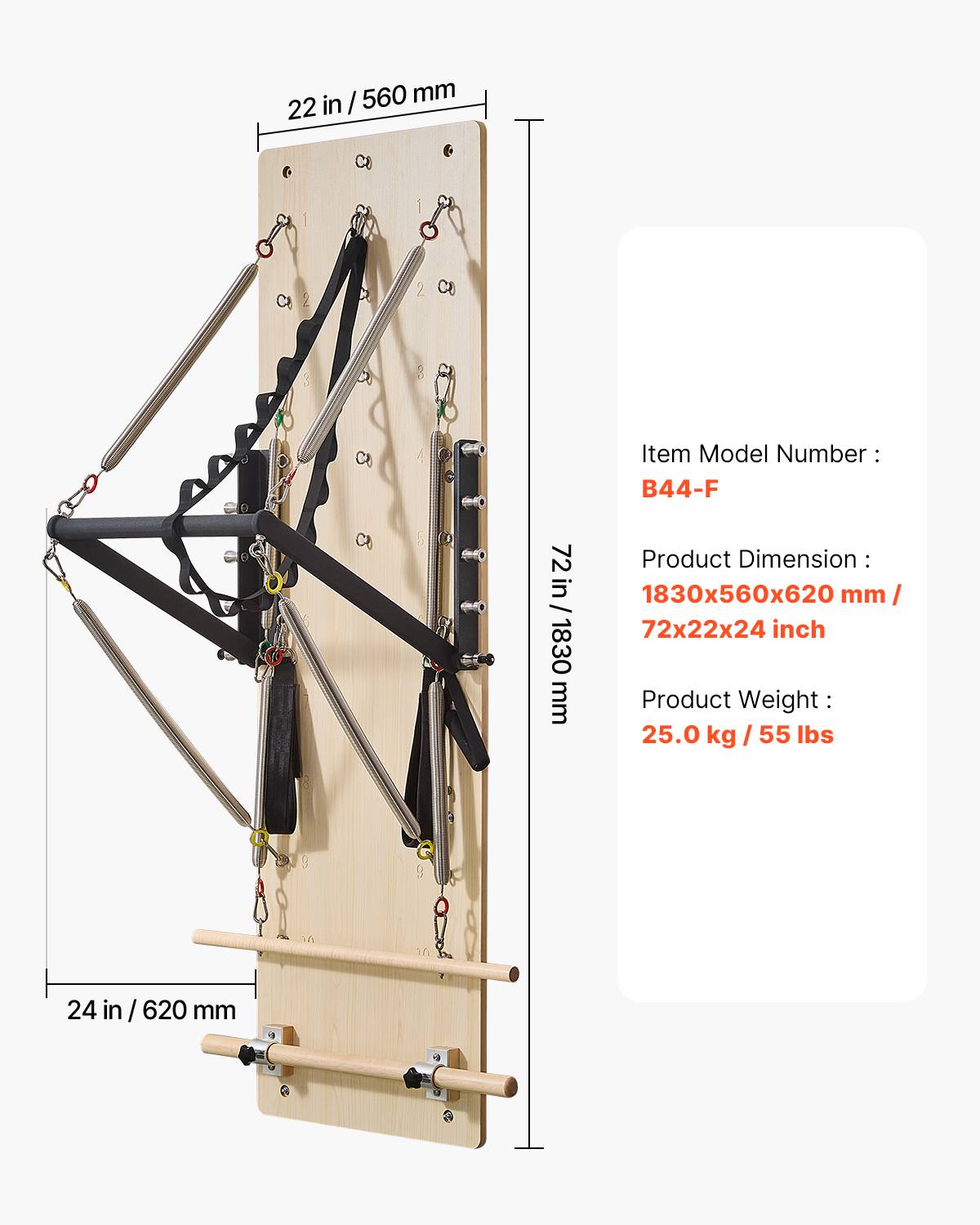 Vevor - Reformer Pilates mural en érable, planche à ressorts réglables 8 niveaux, équipement compact pour entraînement, yoga, force et équilibre à domicile. - Image 6