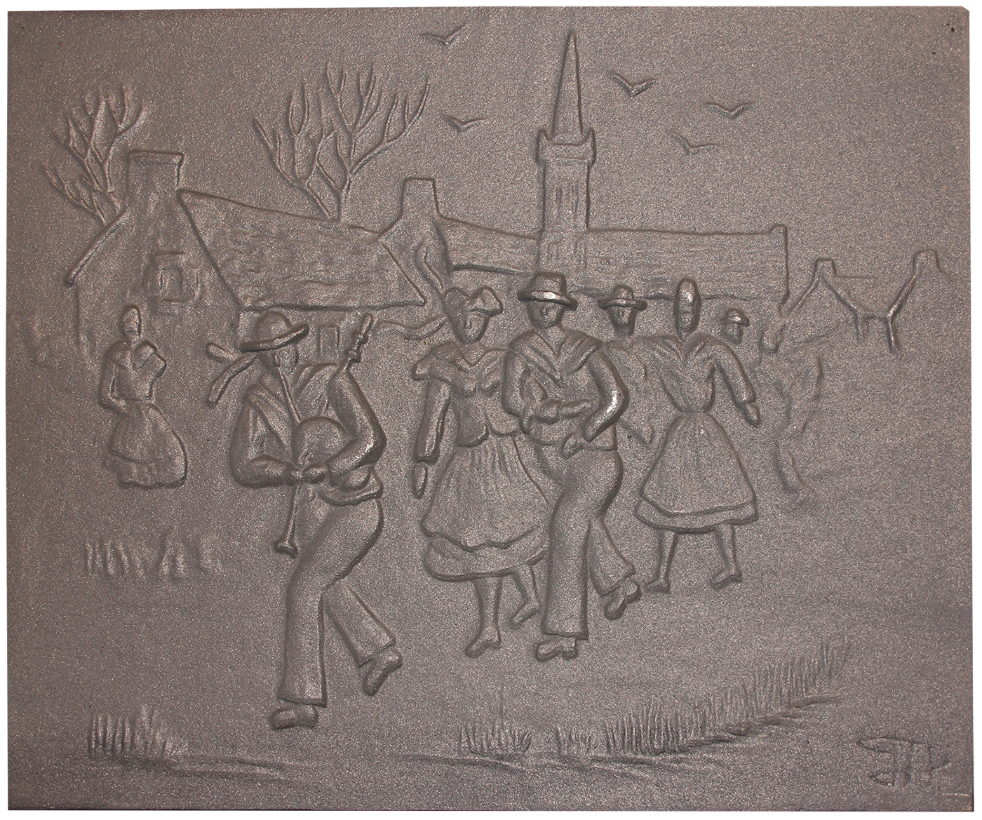 Plaque de cheminée danses folkloriques Dommartin grise L.63cm x H.53cm - Imagen 1