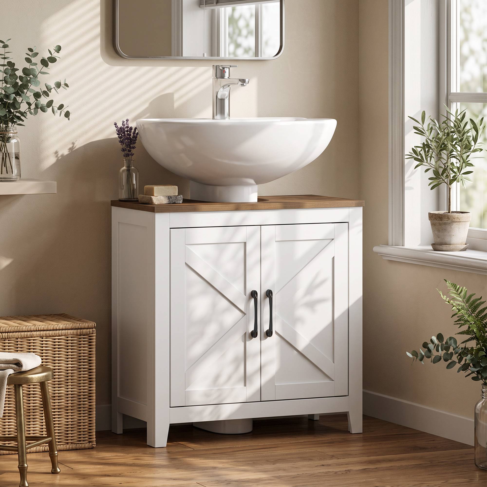 Sans Marque - Meuble sous évier salle bain moderne 2 portes grange étagère réglable blanc - Image 3