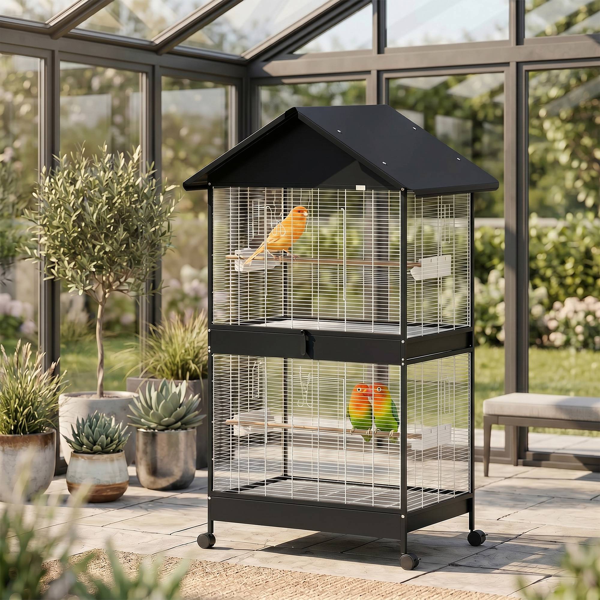 Grande cage pour oiseaux avec roues, bac amovible, perchoirs, toit, perroquets, canaris, noir - Image 4