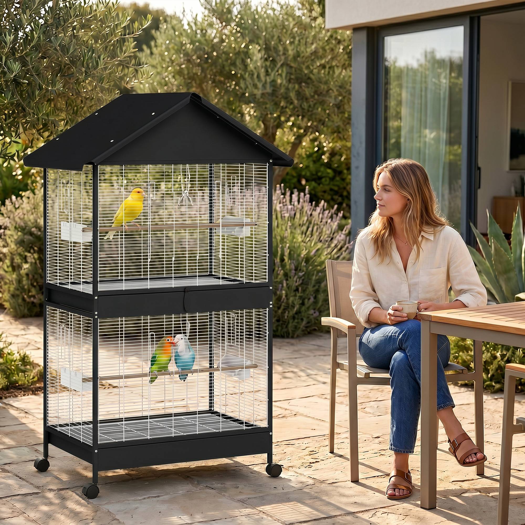 Grande cage pour oiseaux avec roues, bac amovible, perchoirs, toit, perroquets, canaris, noir - Image 3