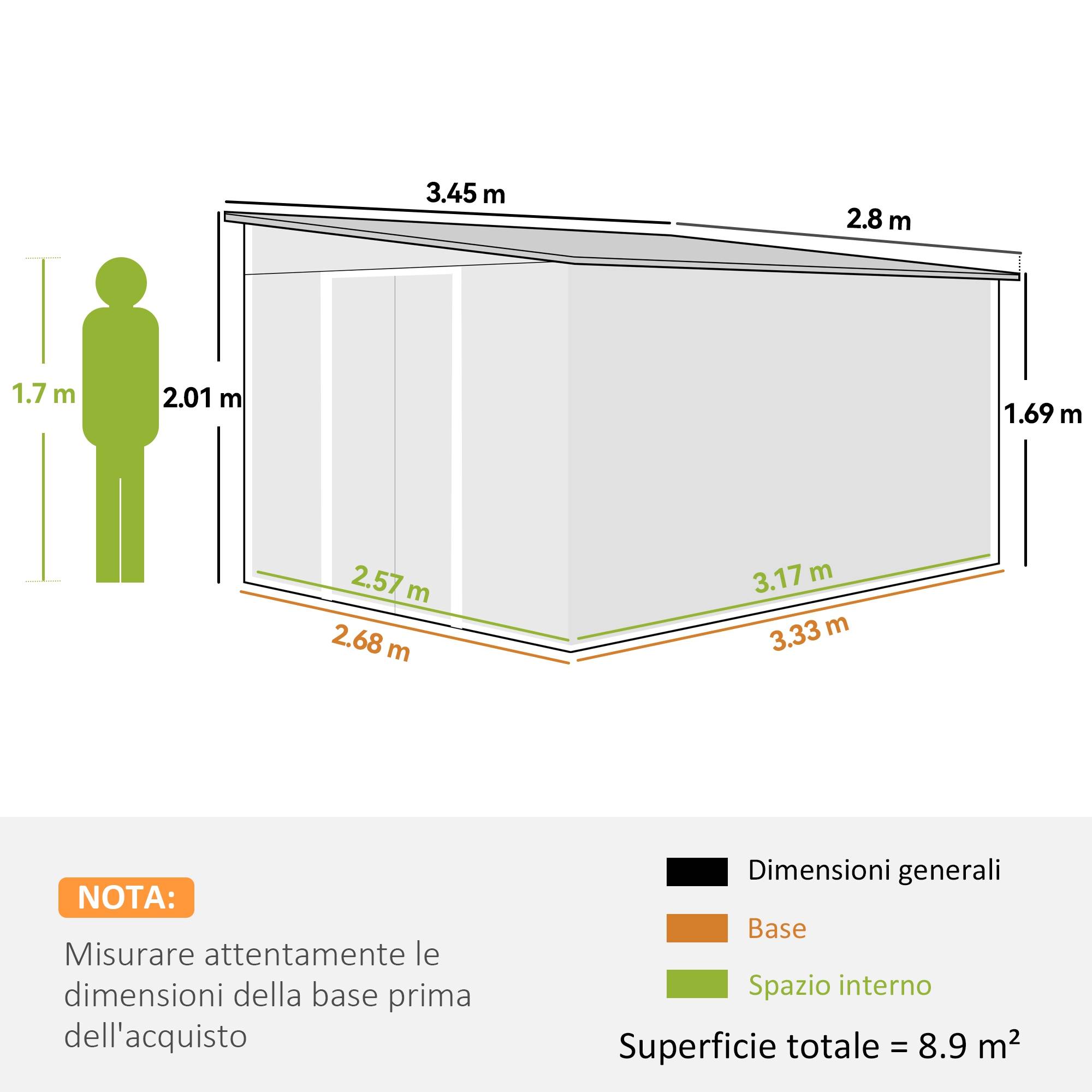 Abri de jardin avec porte coulissante, en acier, 345x280,5x169-201cm, vert - Image 5