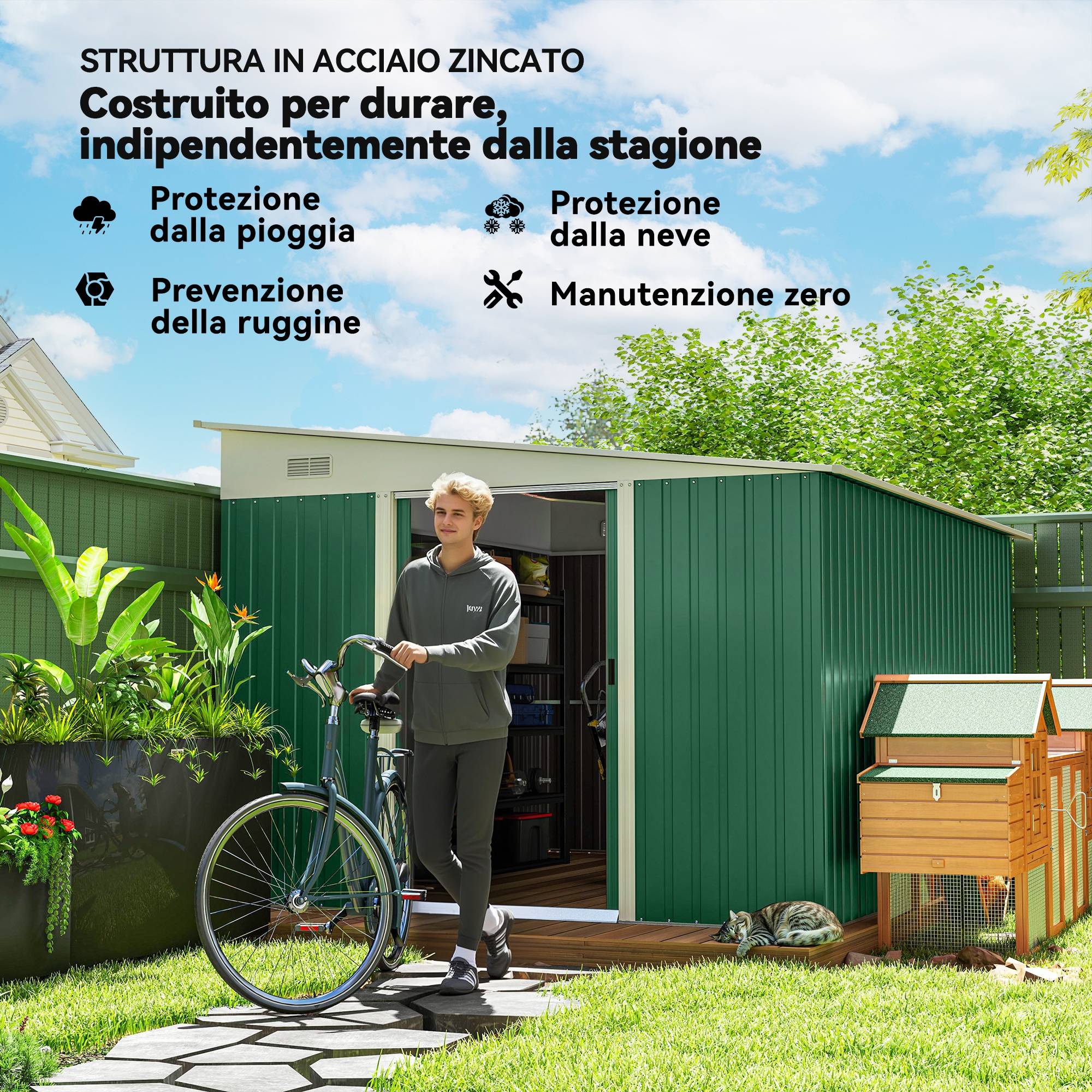 Abri de jardin avec porte coulissante, en acier, 345x280,5x169-201cm, vert - Image 7
