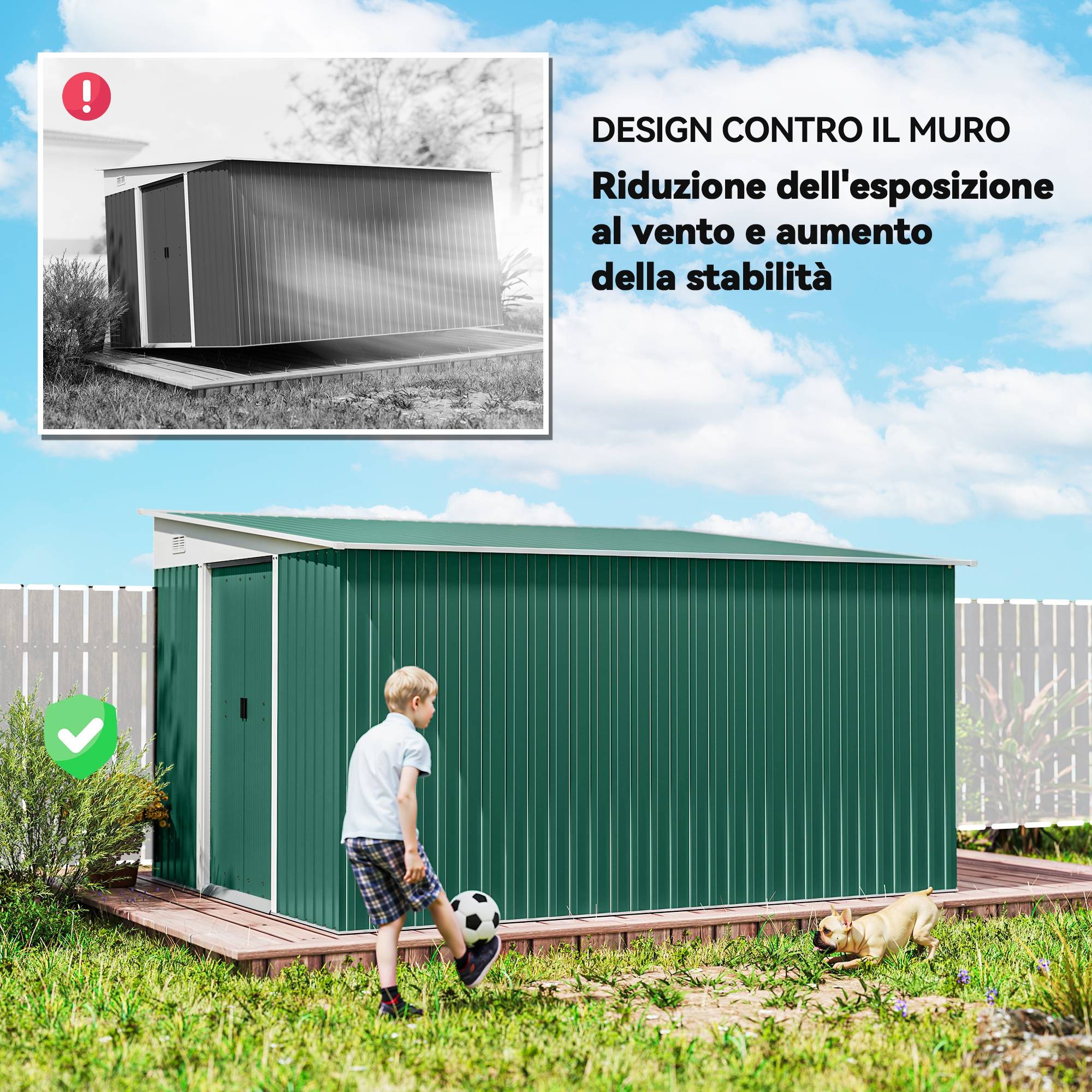 Abri de jardin avec porte coulissante, en acier, 345x280,5x169-201cm, vert - Image 9